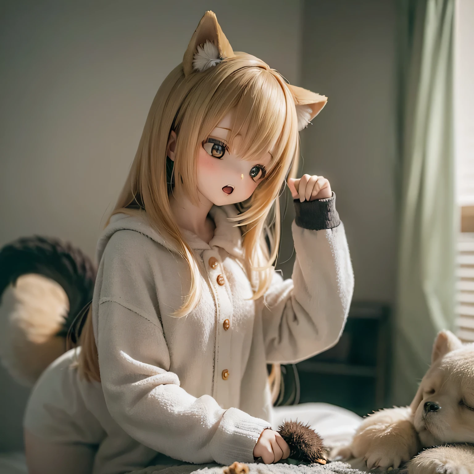 a girl standing next to a bed, a sleepy person waking up, a cute Shiba Inu dog, a cozy bedroom atmosphere, soft and warm lighting, a comfortable bed, a small alarm clock, fluffy pillows, a peaceful morning scene, the girl stretching her arms, the dog wagging its tail, the person yawning, the girl wearing pajamas, sunlight filtering through the curtains, a serene and relaxed mood, a quiet and peaceful environment, a colorful blanket, A gentle and soothing ambianceChibi, a female Shiba Inu, wakes up her master who is sleeping in bed