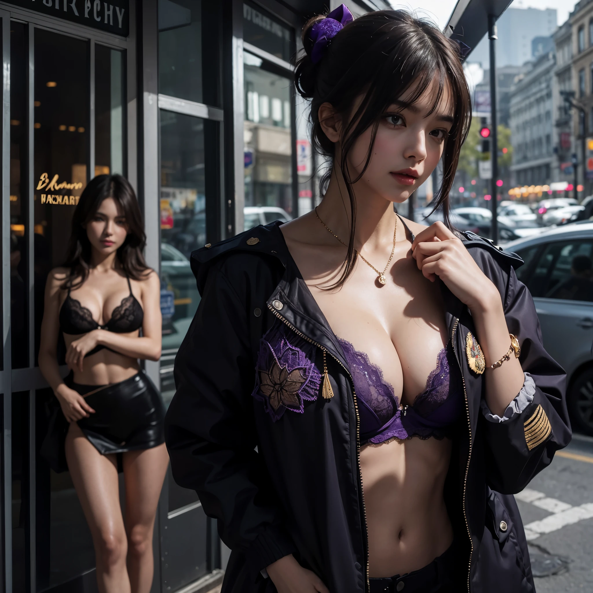 wearing messy russian military suit outside, victoria secret purple brassiere with lace ornament inside, big breast, with cleavage shown