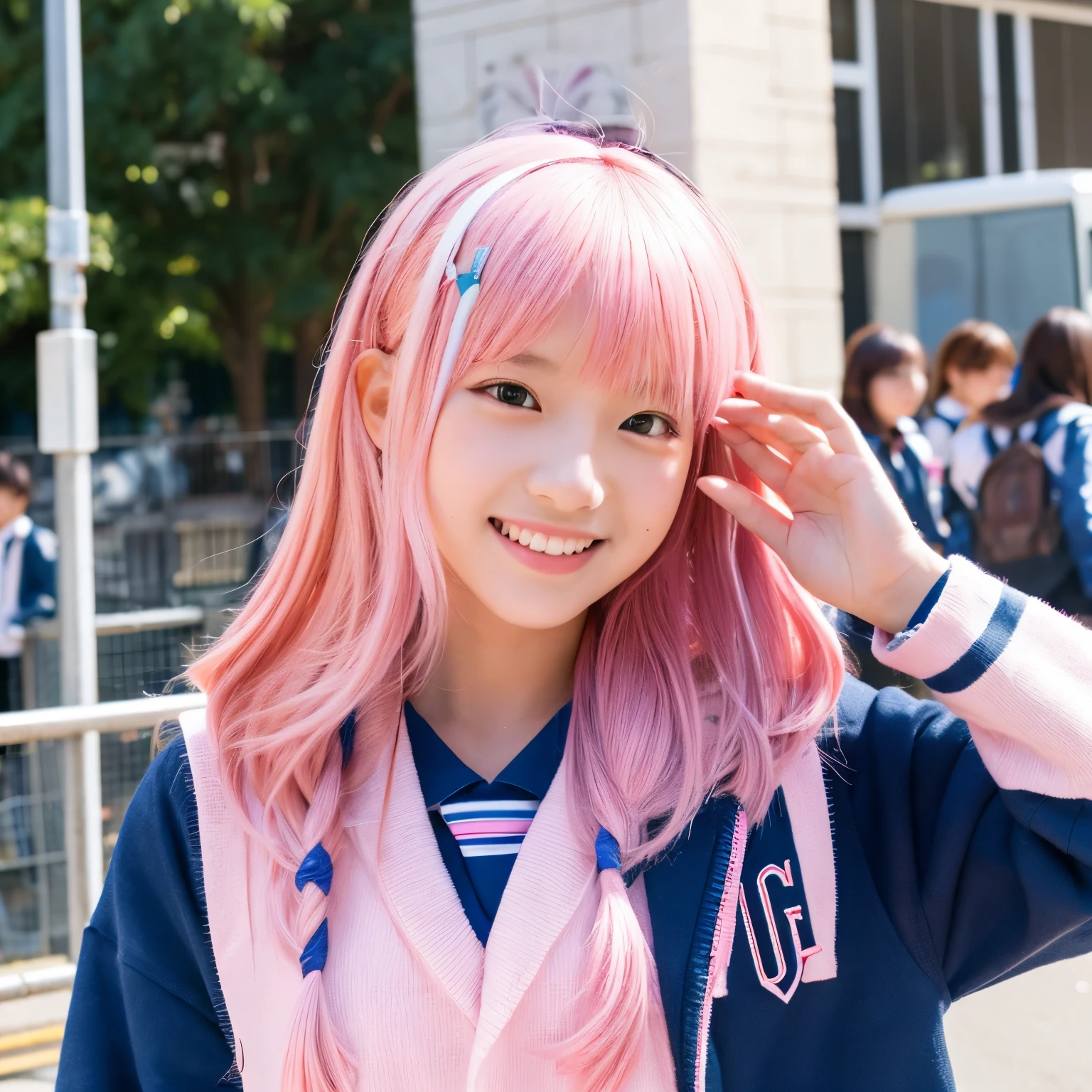 A lively high school girl with pink hair 