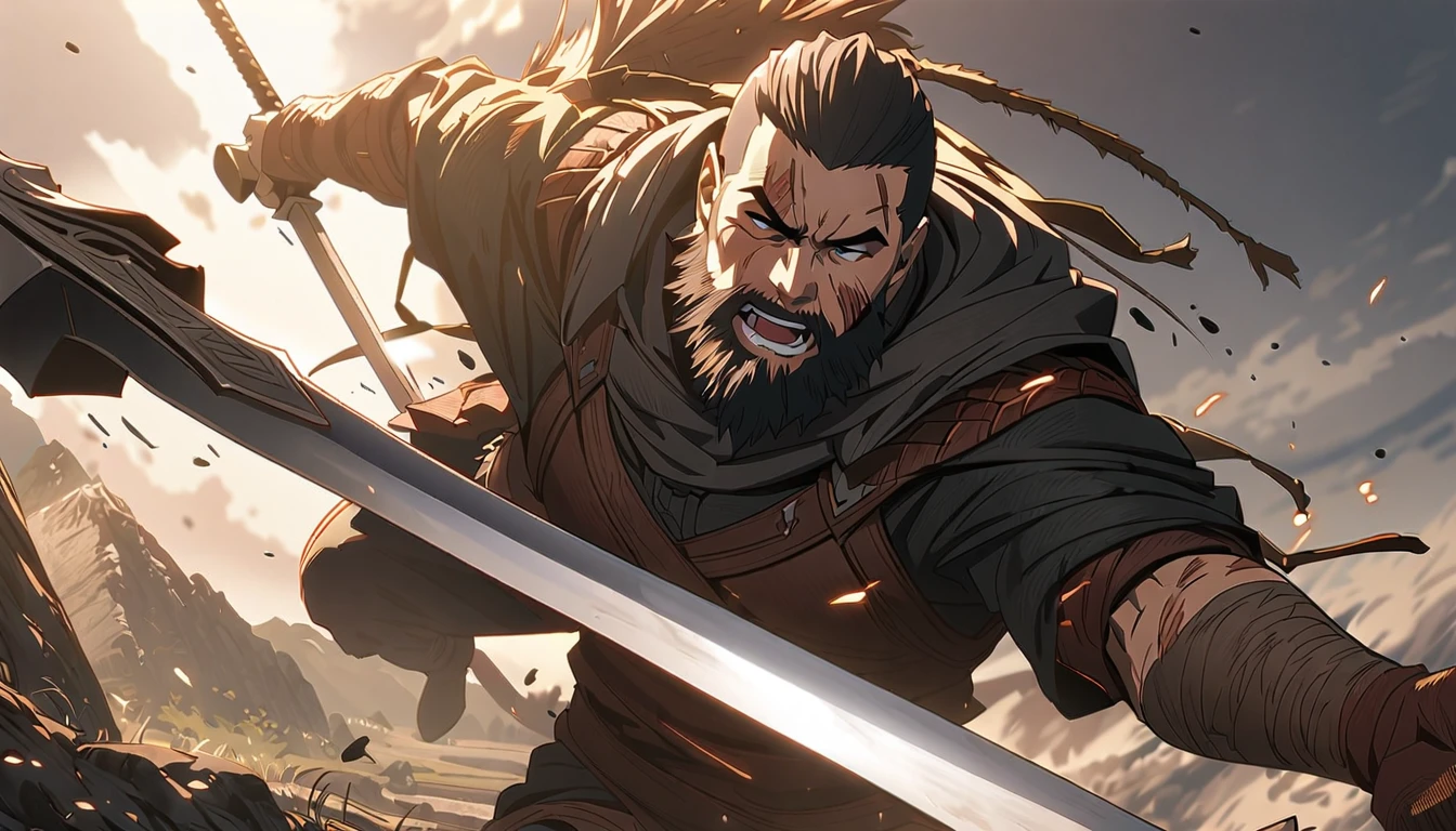 Swordsman、one person、Swordsman、Skilled Swordsman、Beard、Injury、Scars on face、Swordsman、Fantasy、Holding a sword、dynamic、anime、ANIME Illustration、High quality、masterpiece、Super detailed、