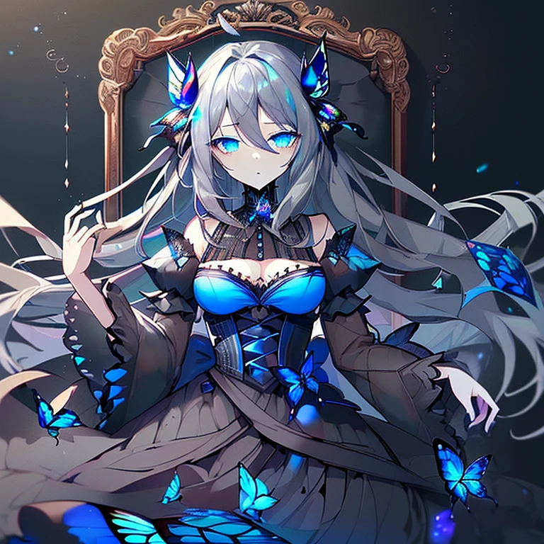 , (masterpiece:1.3), ((Highest_quality)), (Absurd), One girl, Portraiture, Simple_background, black_background, Gray Hair，Long Hair，Blue Eyes，Sharp Eyes，Absurd，Cinema Lighting，butterfly，青いbutterfly，Wear a dress，sad