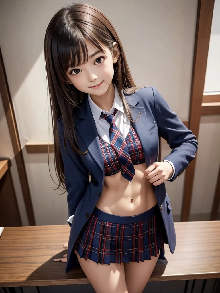 (8k, RAW Photos, highest quality), Stand in the classroom of school, (((((((One woman))))))), ((brown hair)), ((Semi-long hair)), ((Detailed eyes)), ((smile)), ((Red tie)), (((Dark blue closed blazer))), (((A blue plaid pleated miniskirt that wraps around the hips))), Asymmetrical bangs, 少しのsmile, Thighs, knees, Random pose，pretty girl，Slender girl