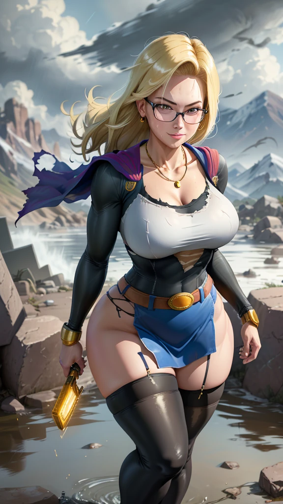 best quality, highres, and18, 1girl, android 18, solo girl, 1girl, blonde hair, blue eyes, belt, high heels, black short skirt, gold necklace, supergirl costume, short hair, blue supergirl cosplay , earrings, reading glasses, medium breasts, cowboy shot, mountains, straight-on, (weather: raining and windy), wet body, sexy smile, combat stance, thigh high stockings, garter belt, battle ruins, wide hips, thick legs, torn clothes, closed fists, hair pin,, (wide hips:1.5), (BBW:1.4), (SAGGING TITS:1.3)