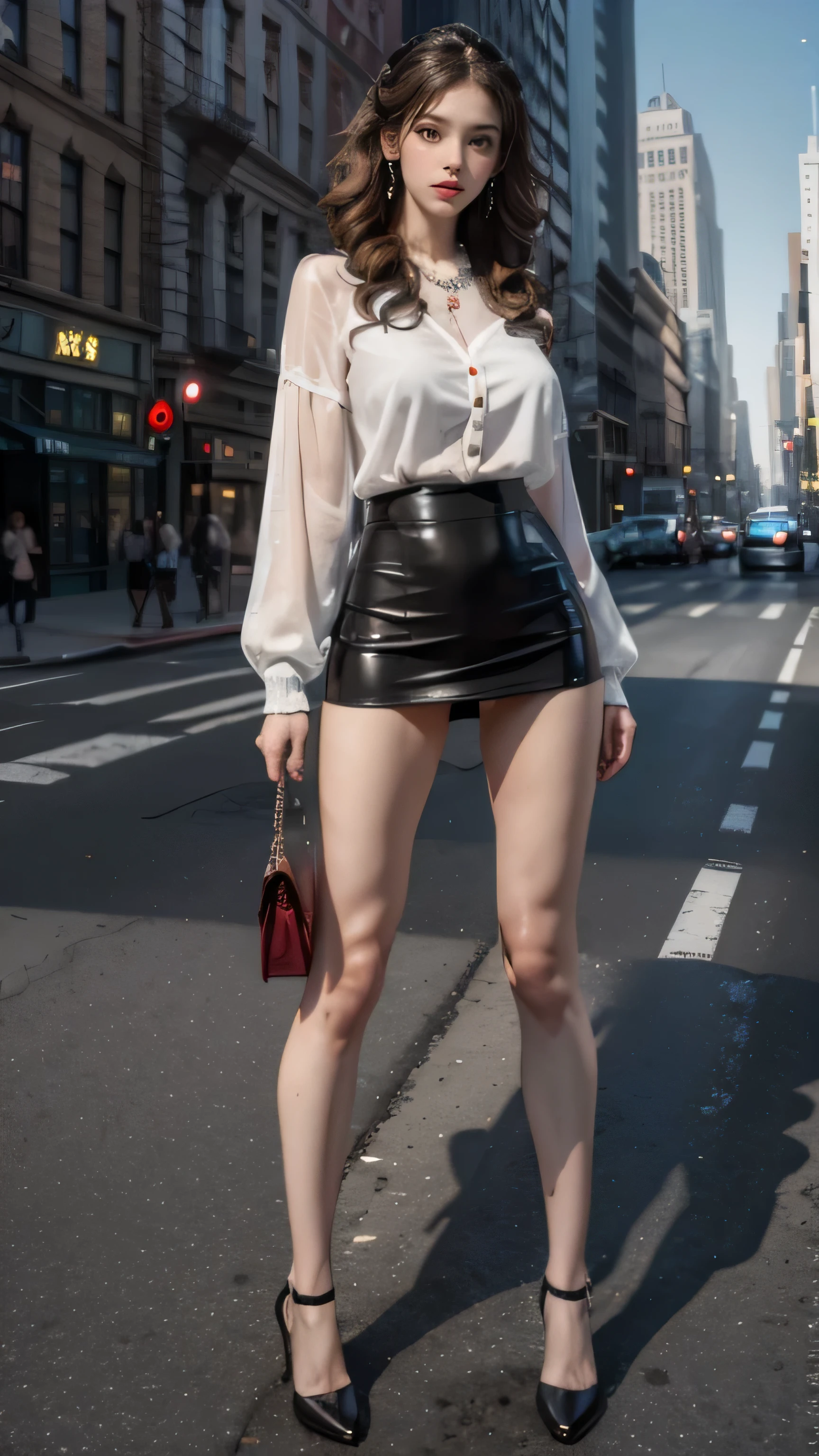 (woman standing on the streets of new york),(masterpiece, highest quality, Realistically, work, Very detailed, 8k), ((Wide-angle lens, Full body woman love)), 1 girl，light makeup，exquisite features，smile，exquisite crystal jewelry，Heart-shaped necklace，Crystal Headband，Light brown hair, Pompadour hairstyle, curl，Correct finger structure，White blouse、black tight mini skirt、Leather shoes，Long legs，Frontal standing posture ，Full body portrait，skyscrapers are hazy