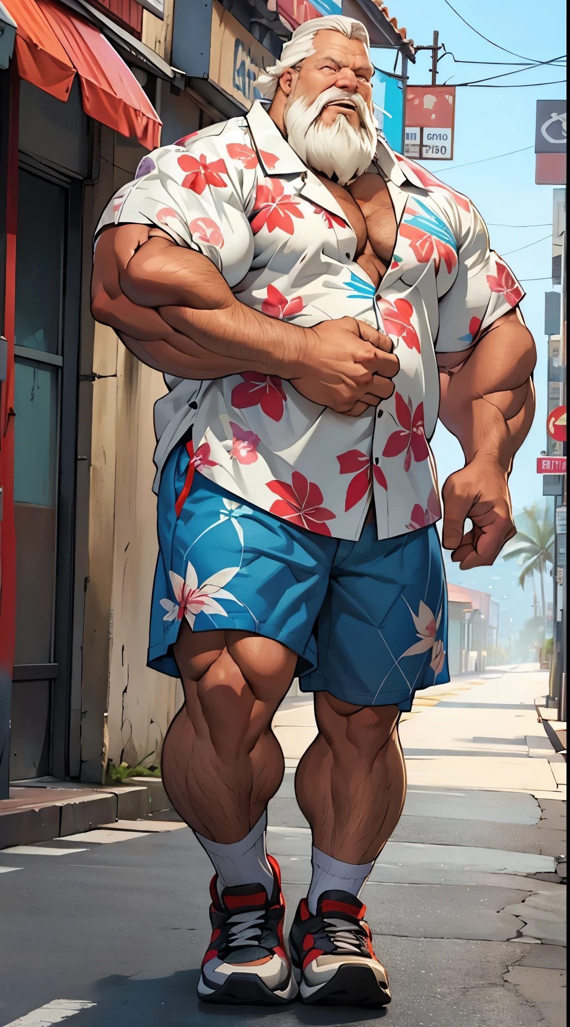 chubby old man in street city, old man, thick arm, huge arm, bearded. white hair and beard, bearded, muscular, pectoral, wide pectoral, beach, palm, realistic, 8k, masterpiece, (wearing shorts and white Hawaiian shirt, shoes)