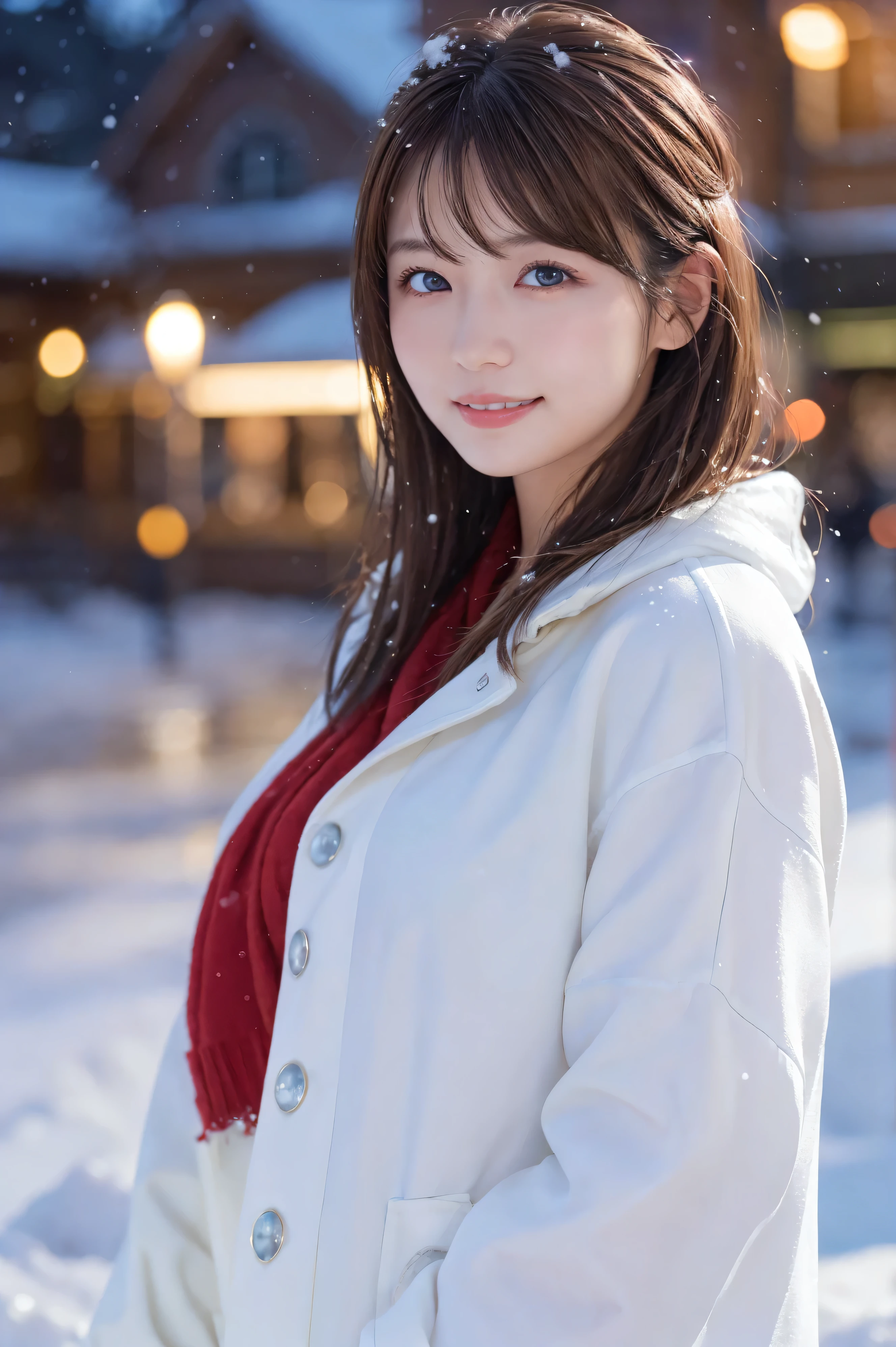 1 girl, {{Super clear and delicate blue eyes}}Born a young lady(Wear a luxurious platinum coat:1.2), (RAW Photos, highest qualthaty), (Realistic, Realistic:1.4), Tabletop, Very delicate and beautiful, Very detailed, 2k wallpaper, wonderful, finely, Very detailed CG Unthaty 8K wallpaper, Very detailed, High resolution, Soft Light, Beautiful detailed girl, Very detailed目と顔, Beautiful and sophisticated nose, Finely beautiful eyes, Cinema Lighting, Illuminations that light up the cthaty on a snowy night, Snow Scene, that&#39;that&#39;it&#39;s snowing, Snow fell in my hair, Perfect Anatomy, Slender body, Was nervous, 
Straight semi-long hair, bangs, Looking at the audience, smile