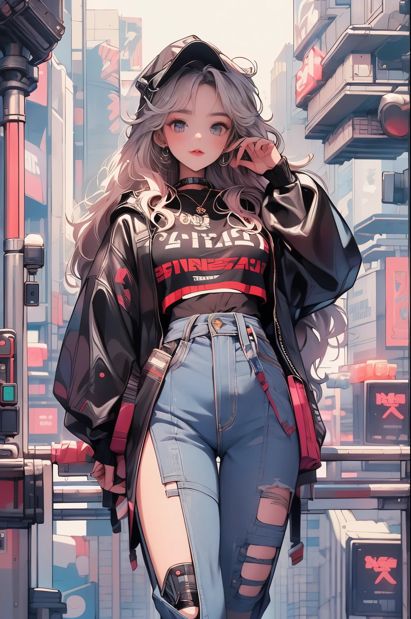 (RAW photos, best quality, masterpiece:1.2), (Practical, photo-Practical:1.4),(masterpiece:1.4),(best quality:1.4), ((Cyberpunk Girl)), ,Short white shirt，Open hooded fur-trimmed down jacket，Red mini skirt，((dynamic poses)), (((Cyberpunk city street background))), Hair intake, ((Long hair invisible)), Looking at the audience, Smile, (((thigh gap))), thigh, Very long hair, Multi-colored hair, Alice \(nod\),(Radiant skin),Practical.