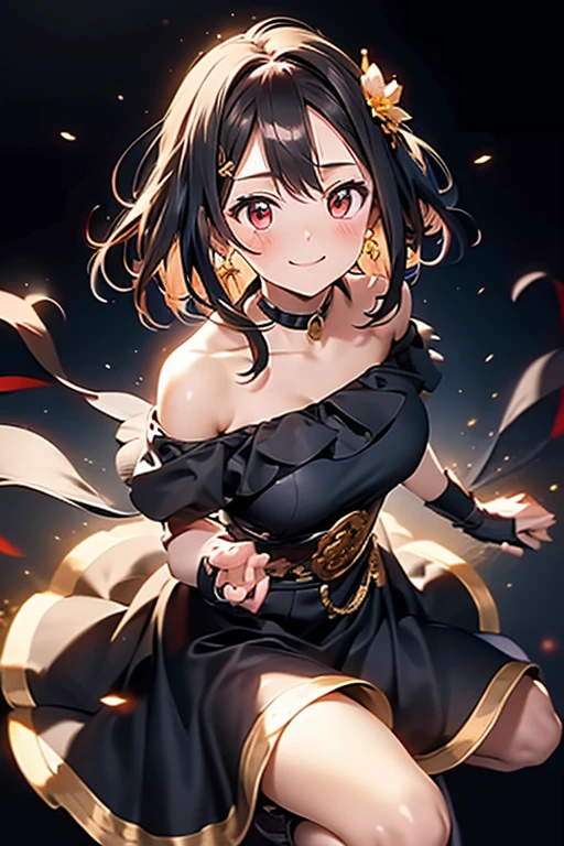 yor briar, anime style beutiful woman, 1girl,fullbody, happy, smile, red face, closed mouth, beautiful detailed eyes, super detailed skin, backlighting, bare shoulders, black background, black dress, black gloves, black hair, breasts, dress, earrings, fingerless gloves, floating hair, floral print, flower, gloves, gold earrings, gold hairband, hair flower, hair ornament, hairband, holding, holding weapon, jewelry, large breasts, long hair, looking at viewer, off-shoulder dress, off shoulder,red eyes, short hair with long locks, sidelocks, solo, spikes, thighs, two-sided dress, two-sided fabric, weapon, fighting stance , face, close up, from above, highest quality, high resolution.
