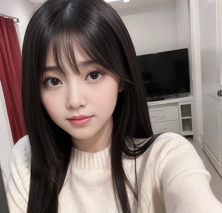 debris flies、highest quality、super fine、Understood、High resolution、8k wallpaper、perfect dynamic composition、(((Full body Esbian)))、((from below))、20 year old cute girl、detailed beautiful face、delicate and cute eyes、fine-textured skin、My cheeks turned red、(straight black hair)、take a selfie with your mobile phone、room、white background、White Room、take a selfie with your mobile phone、small bust、slender、Wearing a camisole