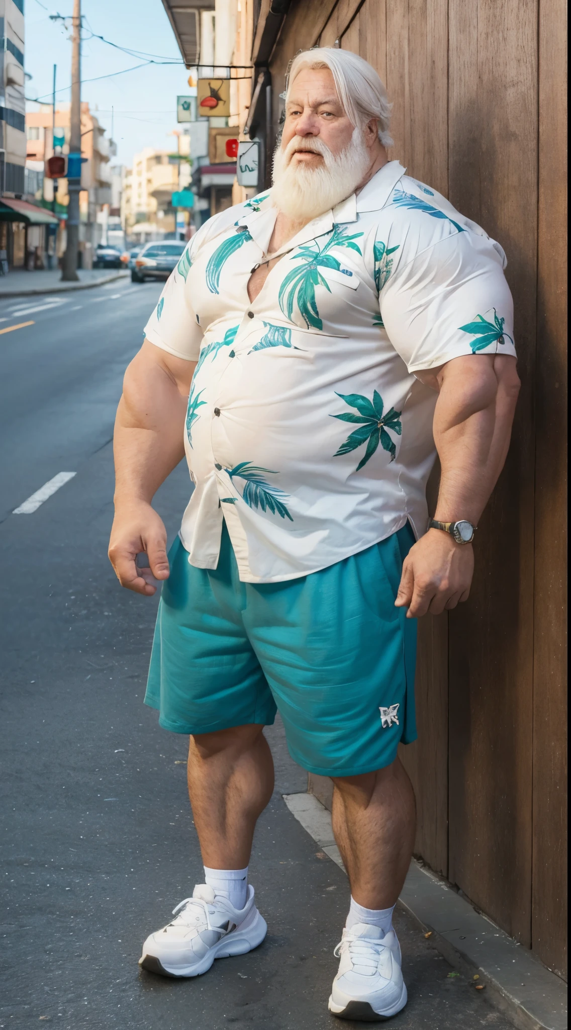 chubby old man in street city, old man, thick arm, huge arm, bearded. white hair and beard, bearded, muscular, pectoral, wide pectoral, beach, palm, realistic, 8k, masterpiece, (wearing shorts and white Hawaiian shirt, shoes)