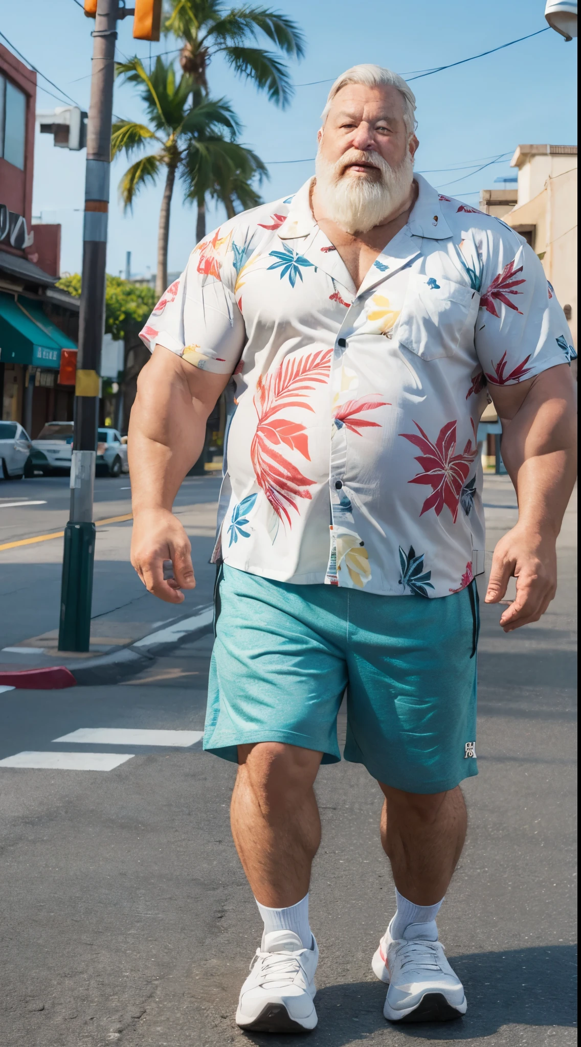 chubby old man in street city, old man, thick arm, huge arm, bearded. white hair and beard, bearded, muscular, pectoral, wide pectoral, beach, palm, realistic, 8k, masterpiece, (wearing shorts and white Hawaiian shirt, shoes)