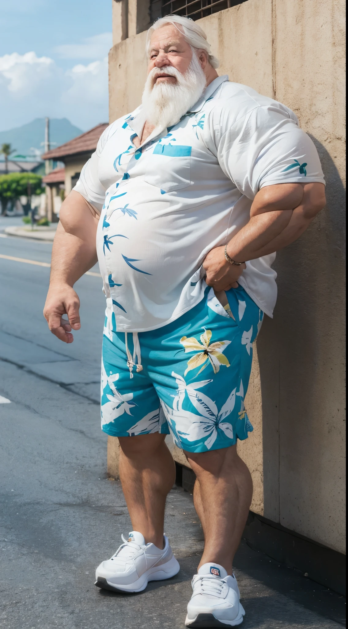 chubby old man in street city, old man, thick arm, huge arm, bearded. white hair and beard, bearded, muscular, pectoral, wide pectoral, beach, palm, realistic, 8k, masterpiece, (wearing shorts and white Hawaiian shirt, shoes)
