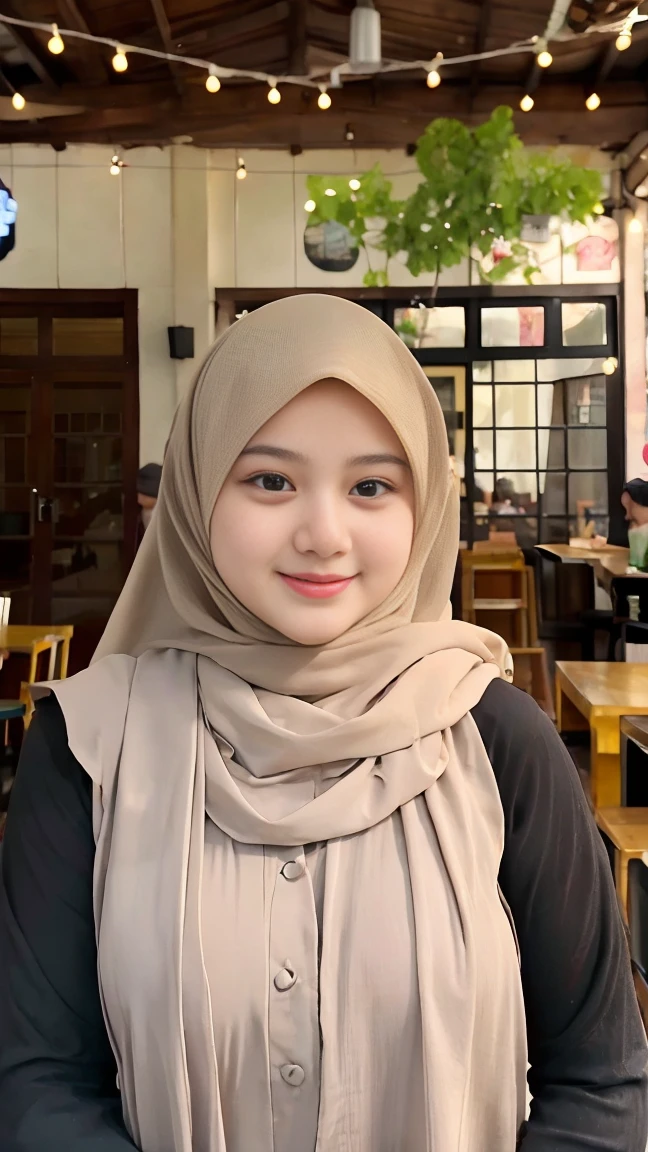 Selfie taken, See full body, luxury details, 8k, natural, realistic, amazing shots, ULTRA HD,
1 girl, 18 years old, smooth white face, white skin, smailing,  neat white teeth, big breasts, wearing a long white hijab covering the body, with decorations on the hijab, Muslim clothes for worship, beautiful face, beautiful black face, cute, curly eyelashes, beautiful eyes , sweet smile, sitting on the bed, Indonesian Muslim, realistic, atmosphere in the out door, in the cafe,