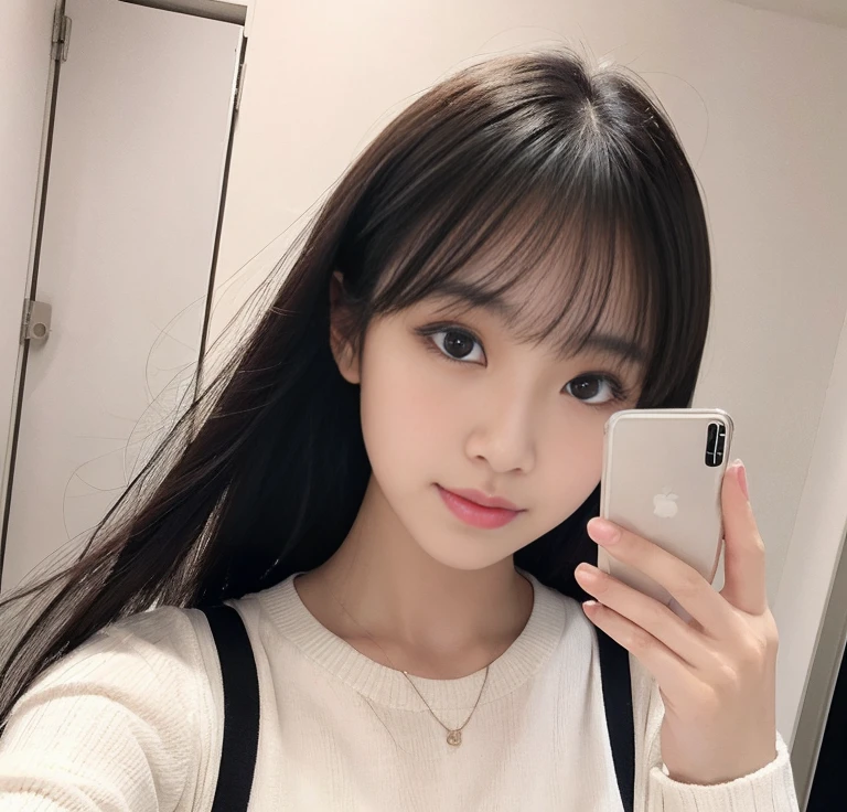 debris flies、highest quality、super fine、Understood、High resolution、8k wallpaper、perfect dynamic composition、(((Full body Esbian)))、((from below))、20 year old cute girl、detailed beautiful face、delicate and cute eyes、fine-textured skin、My cheeks turned red、(straight black hair)、take a selfie with your mobile phone、room、white background、White Room、take a selfie with your mobile phone、small　bust、slender、Wearing a camisole