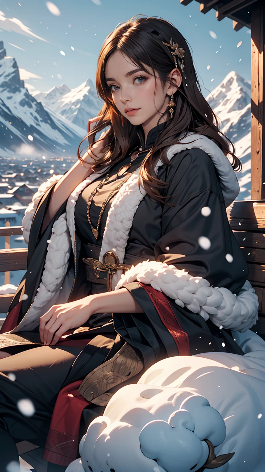 ((masterpiece)),highest quality, figure, dark, One girl, In the wilderness,A tall mountain,Snow-capped mountains visible in the distance々, city, Beautiful fine details, Beautiful detailed hair,