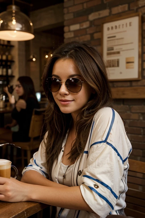 Brunette girl having coffee at a modern and charming coffee shop by herself, using sunglasses, happy and radiant, streaked hair, cinematic lighting, UHD
