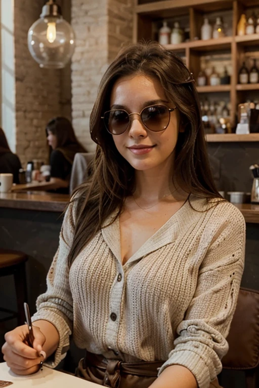 <lora:epi_noiseoffset2:1>  handsome Brazilian female model,lady,Katrina, blue eyes sitting in a cafe,bokeh,smile, long curly hair,  high neck inner white tight shirt, cream sweater, chino pants, thin round glasses, <lora:detail_slider_v4:1>