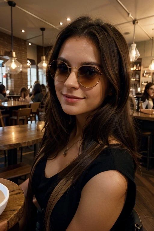 Brunette girl having coffee at a modern and charming coffee shop by herself, using sunglasses, happy and radiant, streaked hair, cinematic lighting, UHD