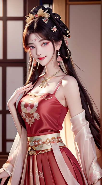 best quality， masterpiece， Pretty Face， 1 girl， long_hair， solo，  China dress，straight dress，Hair accessories， Necklace， Jewel-like， White hair， Earrings and  Rings， Chinese clothing details，8K resolution，超high resolution，The best quality beauty，Peerless Beauty，extremely beautiful（（Bamboo shoot shaped chest）），（Chinese style ancient style black elegant bun exquisite bun）By Bangs，（long flowing hair，With a steamed bun:1.3）），Delicate clavicle，beautiful makeup，Delicate and perfect facial features，，Big watery eyes，Eye bags，long eyelashes，The eyes are sweet，There is eye shadow，Slim waist，，，(((With a sweet smile on her face:1.3)))，Lipstick，blush blush，Delicate earrings，脸部close up，Break，(Wearing a translucent purple tulle fairy skirt（With exquisite embroidery，Paired with a long-sleeved shirt，Bare shoulders:1.3）)，Fresh and natural，Peaceful and beautiful，theperfectappearance，Perfect and refined、Clear facial features（Detailed facial characterization），The most beautiful big eyes，Colored Contact Lenses，Long eyelashes，Exquisite and beautiful makeup，blush，Moisturizes pink lips，(((Gorgeous sleeveless silk embroidered red improved Hanfu)))，Full and round breasts，Black and shiny hair is tied up in a circle（Chinese ancient style hair design），Beautiful hairpin hair accessories，beautiful earrings necklace，Noble temperament，Slim waist，又细又long腿，Perfect body，Sexy and charming，Precise and perfect human anatomy，For the audience，Inside the magnificent palace，jade railing，masterpiece，masterpiece，best quality，high quality，high resolution，，Movie Lighting，Depth of Field，close up。