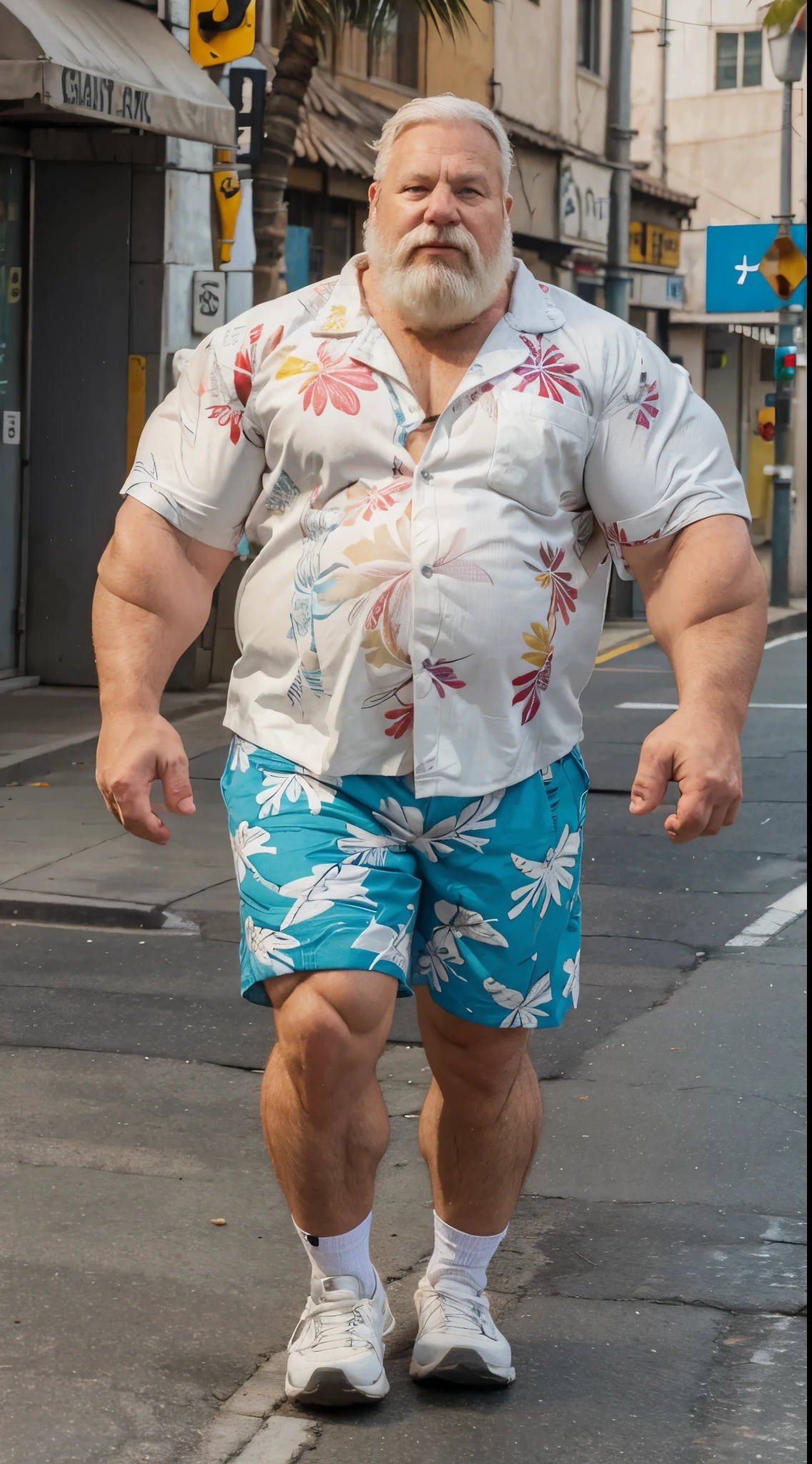 chubby old man in street city, old man, thick arm, huge arm, bearded. white hair and beard, bearded, muscular, pectoral, wide pectoral, beach, palm, realistic, 8k, masterpiece, (wearing shorts and white Hawaiian shirt, shoes)