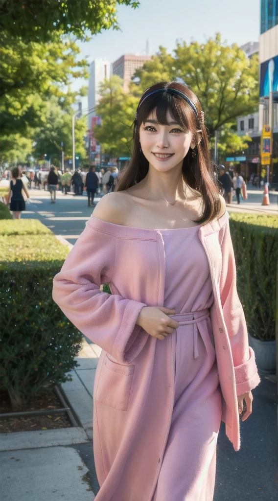 yor, Mature female, bangs, side locks, Red eyes, pink hair, hair adornments,sportrait, (face:1.2), schoolgirls, smile,bare shoulders, walking at time square buzz, (Robe:1.21), clavicle, Willow Branch, (masterpiece best quality :1.2),