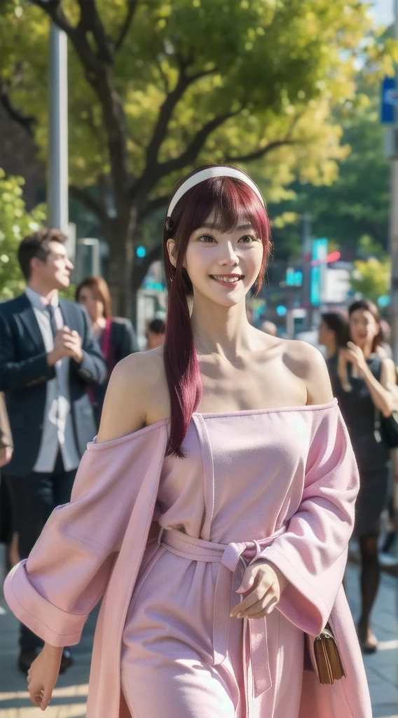 yor, Mature female, bangs, side locks, Red eyes, pink hair, hair adornments,sportrait, (face:1.2), schoolgirls, smile,bare shoulders, walking at time square buzz, (Robe:1.21), clavicle, Willow Branch, (masterpiece best quality :1.2),