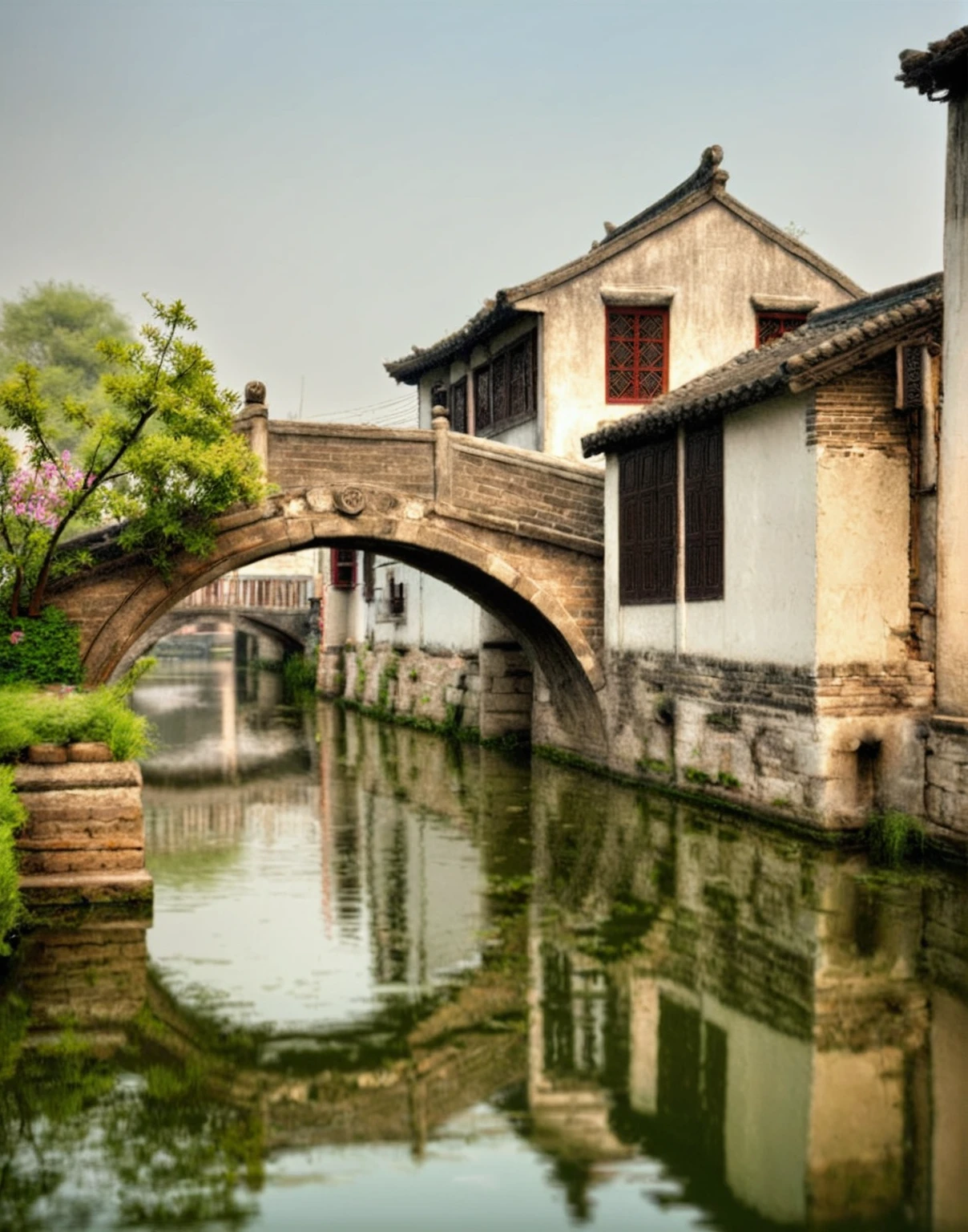 arafed canal with boats and buildings in a small town, zhouzhuang ancient town, dreamy chinese town, chinese village, beautiful image, ancient chinese architecture, by Li Zai, chinese architecture, by Ni Yuanlu, 🤬 🤮 💕 🎀, twisted waterway, canals, chinese style, canal, stunning sight, ancient city streets behind her