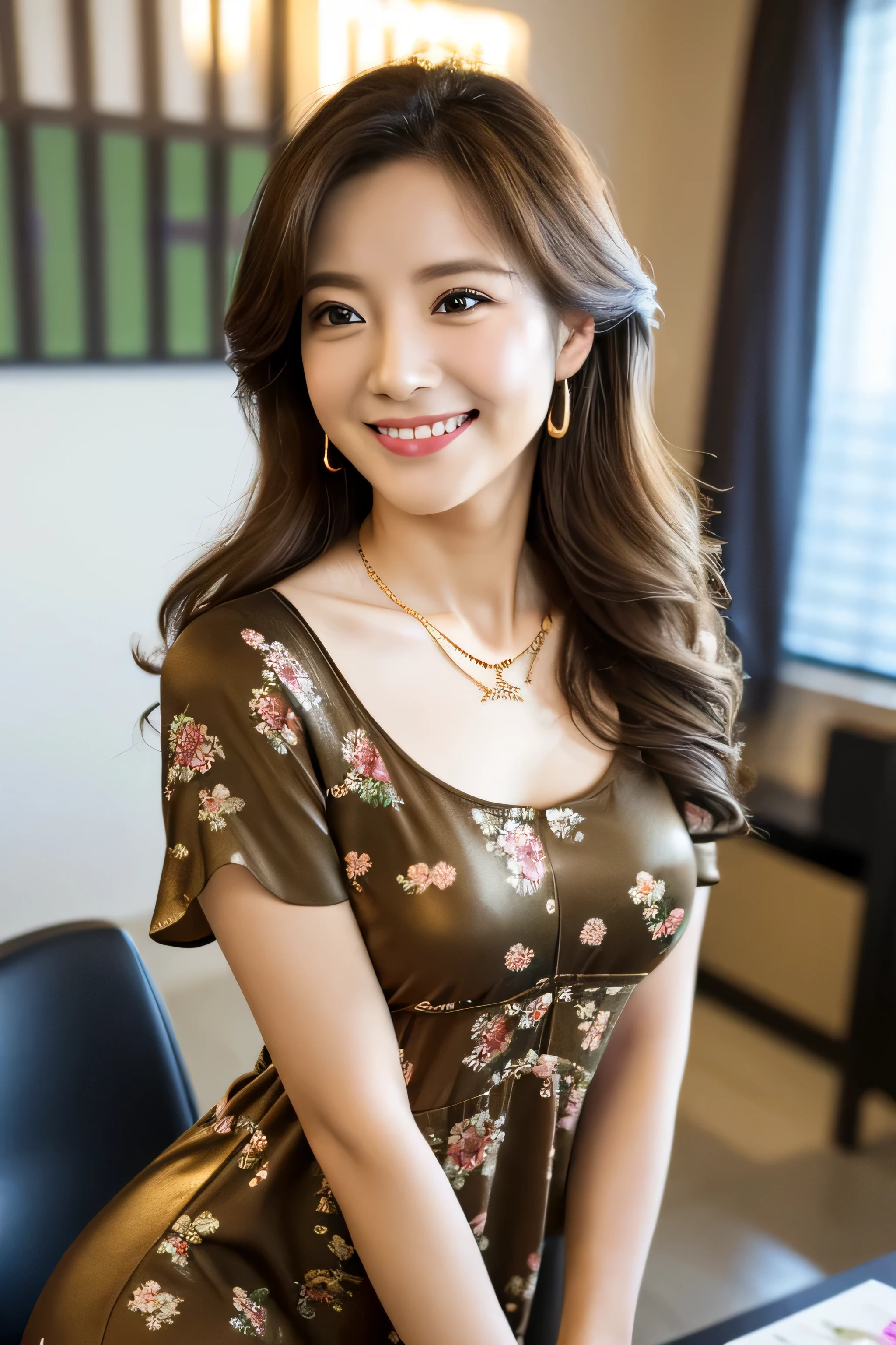 (RAW Photos:1.2), (Photorealistic), Beautiful details, (Genuine: 1.4), Very detailedな目と顔, Beautiful and fine details, Standing in the office、(Ultra-realistic pantyhose、High heels)、Large file size, High resolution, Very detailed, highest quality, [masterpiece:1.6], Awareness-raising, Very detailed, Hmph, In detail, highest quality, 8k wallpaper, One mature woman, 43 years old, Perfect figure, Cute droopy eyes,Beautiful big eyes、Pieck Finger, ((Tabletop)), highest quality, One mature woman, eye shadow, Portraiture,((brown super long hair:1.2))((Loosely wavy hair:1.3))((Gold Necklace＿Big earrings:1.3))((wearing Big floral mini dress:1.3)((full figure supermodel standing, entire body in frame))((A shy smile:1.3)),