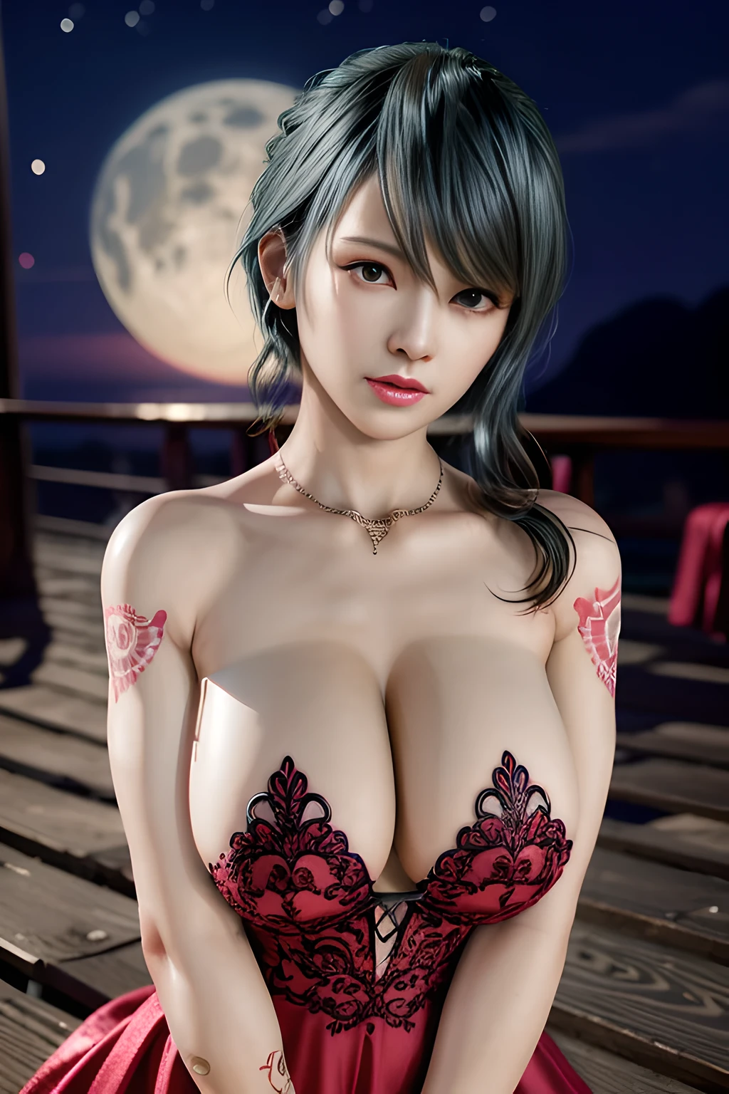 1 girl,lean over WINK, (dark red Wedding Dress,see-through), nighttime,moon,( huge breasts:1.1),cleavage,shiny skin,lip gloss,( tattoos:1.2), masterpiece, best quality, realistic ,Surrealism,Rich artistic colors,natural colors art in 8k,3D,Portrait art,solo, tamaki