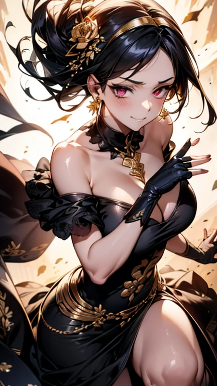 yor briar, anime style beutiful woman, 1girl,fullbody, happy, smile, red face, closed mouth, beautiful detailed eyes, super detailed skin, backlighting, bare shoulders, black background, black dress, black gloves, black hair, breasts, dress, earrings, fingerless gloves, floating hair, floral print, flower, gloves, gold earrings, gold hairband, hair flower, hair ornament, hairband, holding, holding weapon, jewelry, large breasts, long hair, looking at viewer, off-shoulder dress, off shoulder,red eyes, short hair with long locks, sidelocks, solo, spikes, thighs, two-sided dress, two-sided fabric, weapon, fighting stance , face, close up, from above, highest quality, high resolution.