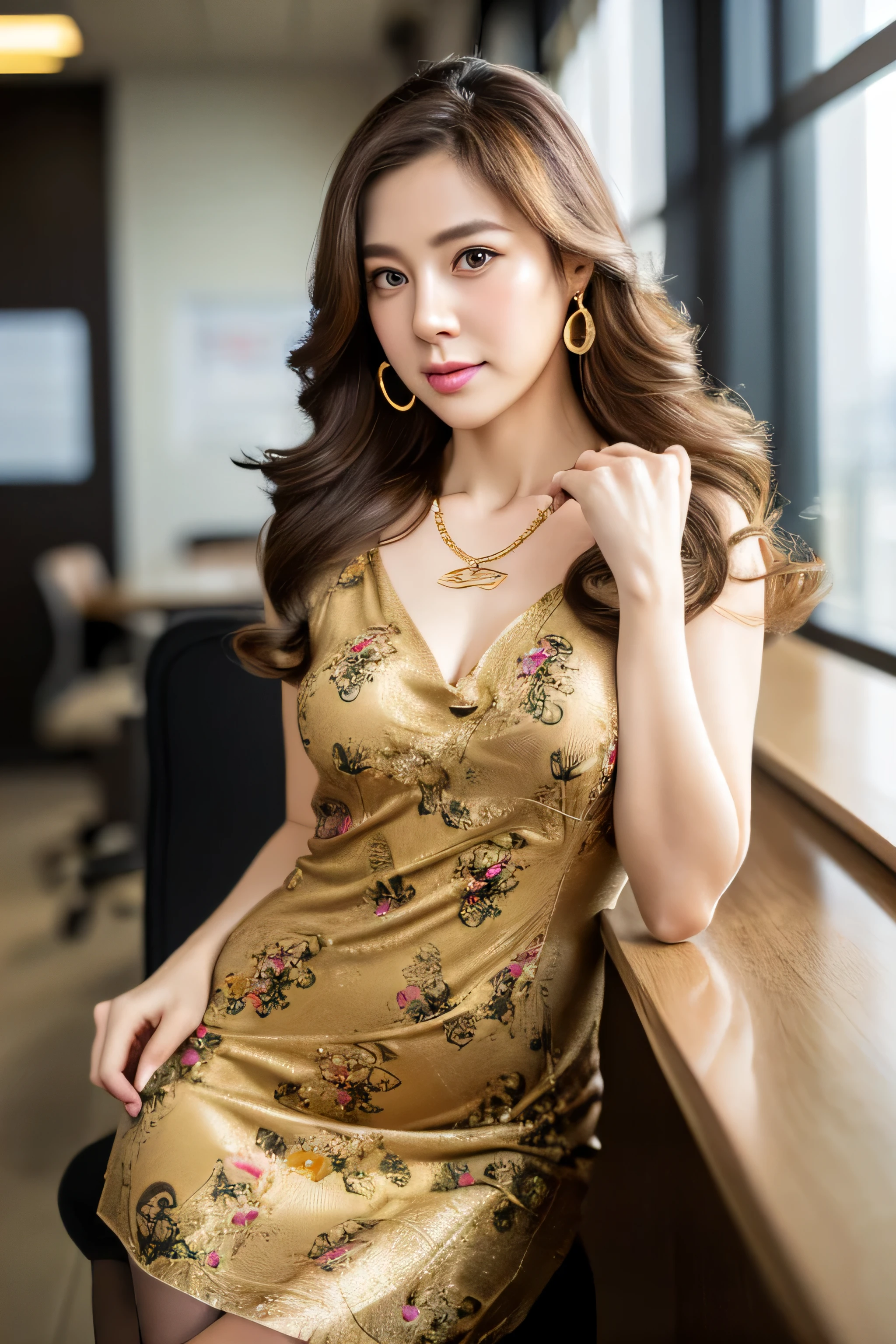 (RAW Photos:1.2), (Photorealistic), Beautiful details, (Genuine: 1.4), Very detailedな目と顔, Beautiful and fine details, Standing in the office、(Ultra-realistic pantyhose、High heels)、Large file size, High resolution, Very detailed, highest quality, [masterpiece:1.6], Awareness-raising, Very detailed, Hmph, In detail, highest quality, 8k wallpaper, One mature woman, 43 years old, Perfect figure, Cute droopy eyes,Beautiful big eyes、Pieck Finger, ((Tabletop)), highest quality, One mature woman, eye shadow, Portraiture,((brown super long hair:1.2))((Loosely wavy hair:1.3))((Gold Necklace＿Big earrings:1.3))((wearing Big floral mini dress:1.3)((full figure supermodel standing, entire body in frame))