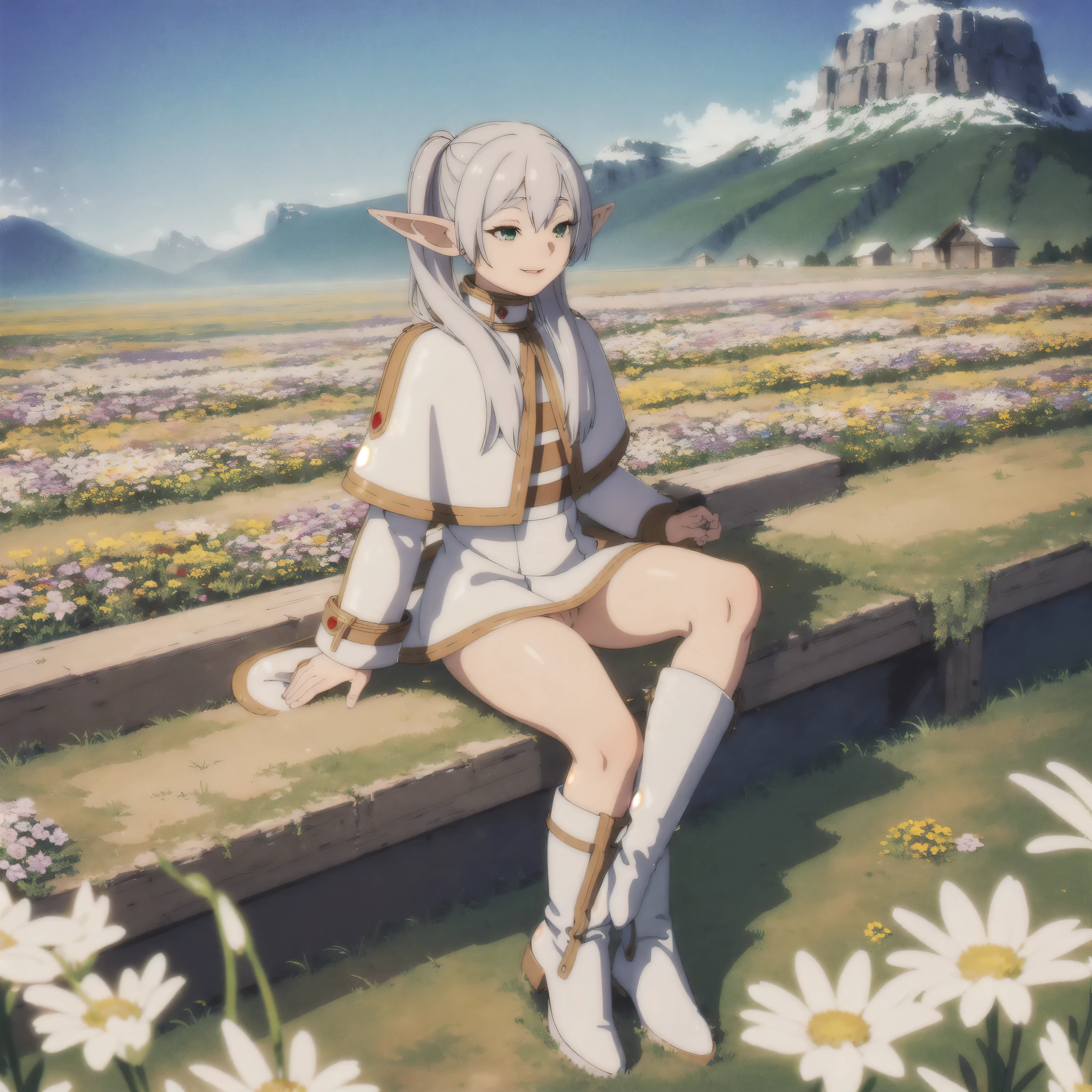 masterpiece,high quality,alone,whole body,
smile,Lips parted,
Freezing,1 Elf Girl,
Capelet,Jacket,Naked and vagina,
boots,
flower,Wind,sunlight,Blur,
flower field,Flower petal,cloud,Mountain,sitting chair,spreading regs,spread vagina