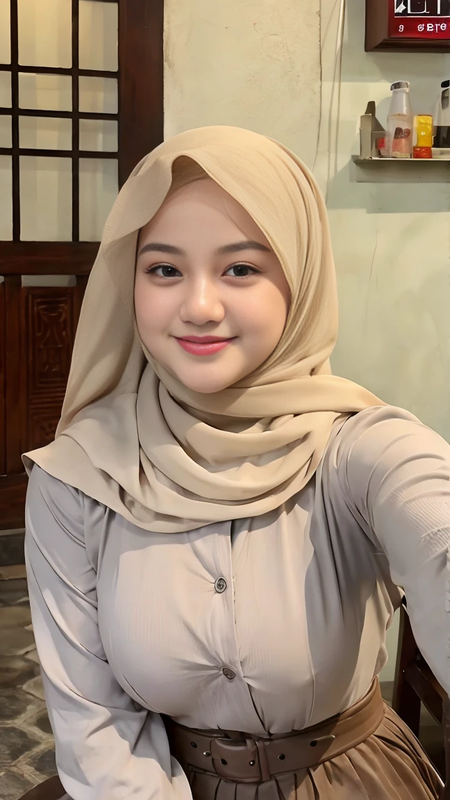 Selfie taken, See full body, luxury details, 8k, natural, realistic, amazing shots, ULTRA HD,
1 girl, 18 years old, smooth white face, white skin, smailing, neat white teeth, big breasts, wearing a long white hijab covering the body, with decorations on the hijab, Muslim clothes for worship, beautiful face, beautiful black face, cute, curly eyelashes, beautiful eyes , sweet smile, sitting on the bed, Indonesian Muslim, realistic, atmosphere in the out door, in the cafe,