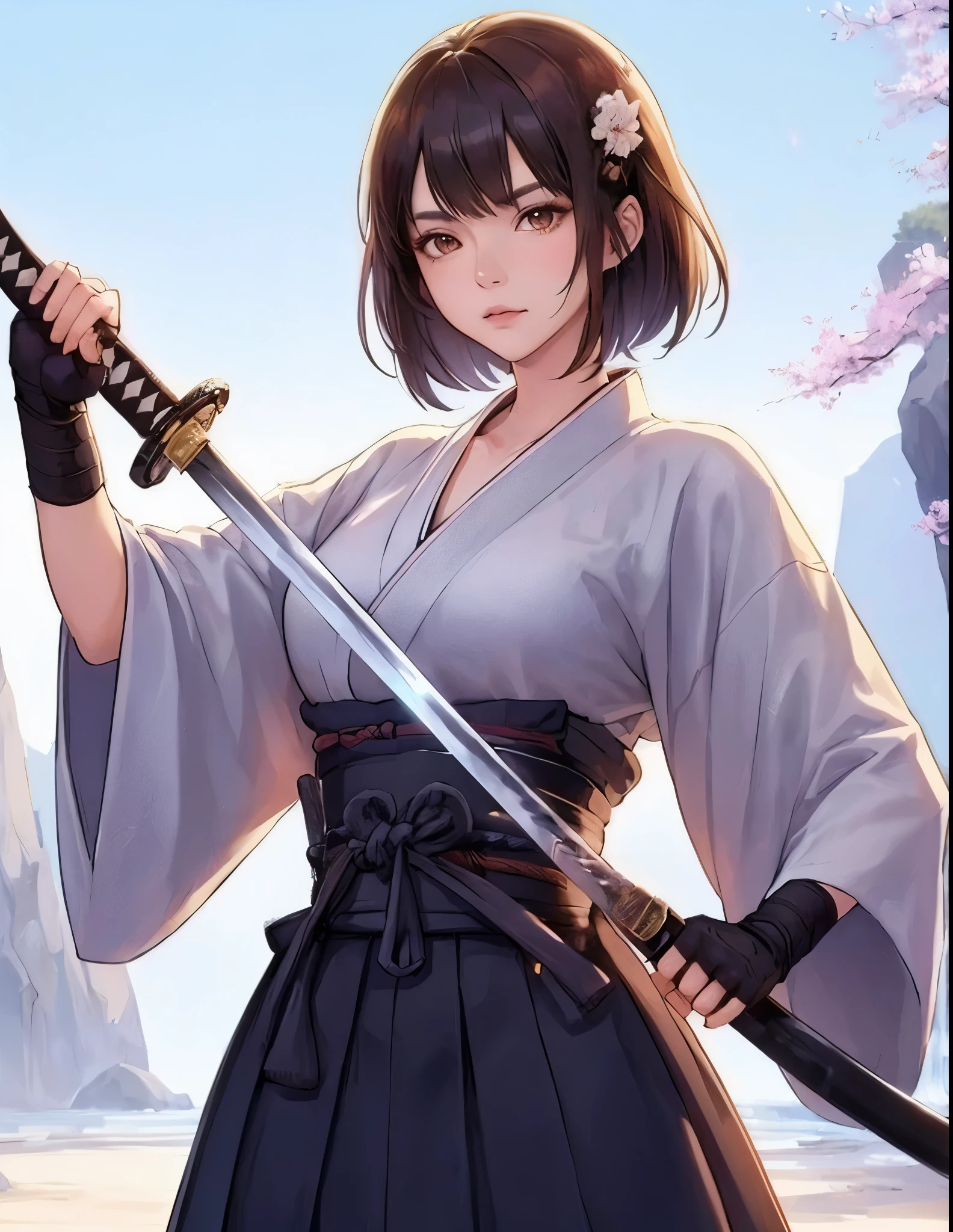 1lady standing, (pulling Japanese sword from sheath on waist), (white kimono) (black hakama), mature female, /(brown hair/) bangs, cool expression, (light smile:0.5), dignified, (masterpiece best quality:1.2) delicate illustration ultra-detailed, medium breasts BREAK (holding (katana sword:1.2)), (blade shimmering), (holding sword sheath) BREAK (sacred rocky area) outdoors, waterfall, Japan, noon, detailed background
