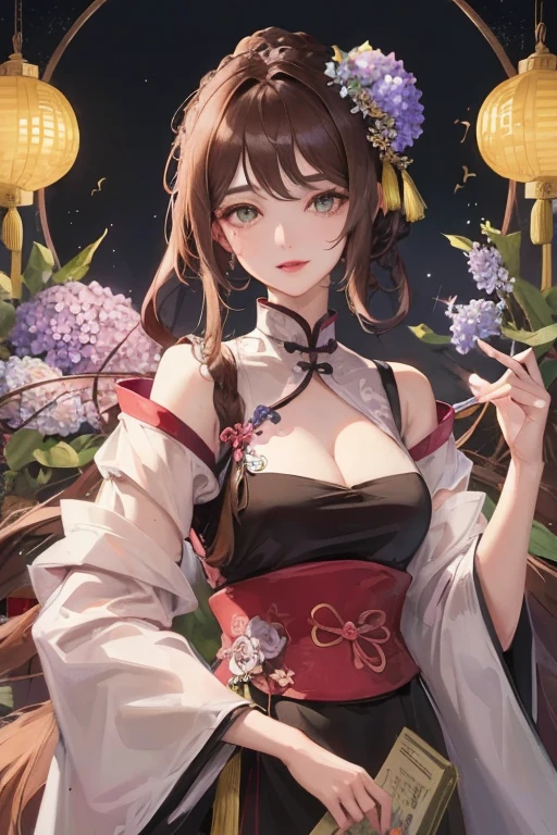 masterpiece, highest quality, night, full moon, 1 girl, Mature Woman, Chinese style, ancient China, younger sister, Imperial younger sister, smile, brown hair, Princess Cut, Fried dough twist, curly hair, Double Ball Head, Light pink lips, Calm, intellectual, Split ends in the middle, Green Eyes, hairpin, Hydrangea,