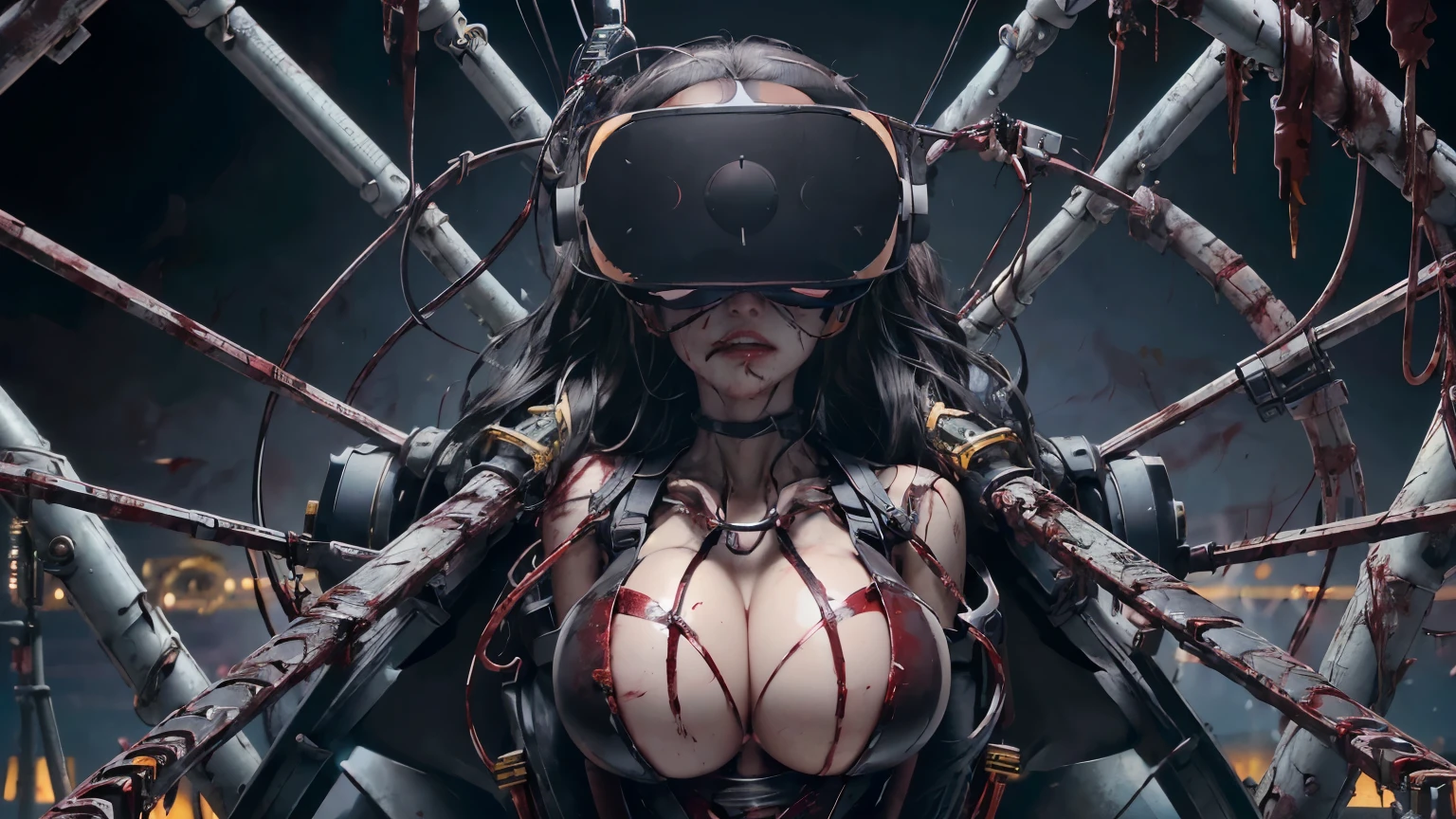 (((Masterpiece))), ((Best Quality)), (Super Detail), (CG Illustration), (Very Evil and Beautiful)), Cinematic Light, ((1 Mechanical Girl)), Single, (Mechanical Art: 1.4), ((Mechanical limb)), (Blood vessel attached to a tube), ((Mechanical spine attached to the back)), expressionless, ( Wires and cables attached to the head and body: 1.5), Science Fiction, Apocalypse, Ruins, (Lower Body Integrated with Mechanical Devices), (((Blood: 1.5))), Cruelty, Absurdity, Eroticism, Fusion with Machines, Doomsday Time, Super Future, Inorganic, Laboratory, Restraint, (Beautiful Indulgence: 1.2), (1 Girl: 1.3), Body Wrapped Around Mechanical Tentacles, ((big boobies)),straight black hair, big tits on focus, ((balck latex brassiere)), (((((wearing a VR Headsets))))), (((more blood))), (((photographed from FRONT)))