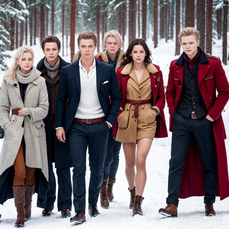 ((best quality)), ((Meisterwerk)), (Detailliert), Perfektes Gesicht, a group of VAMPIRE CHILDREN, portrait, MIT SEHR LANGEN GLATTEN BLONDEN HAAREN, portrait, Menschen stehen im Schnee umeinander, on a bridge over a valley