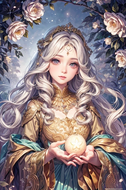 (highest quality,8k,CG),Upper body details, Girl,Floral forest background,Complex facial features,Elegant long curly hair,large almond-shaped eyes,,Detailed eye makeup,Long eyelashes,Twinkltar,Exquisite lip detail,Soft and harmonious style.