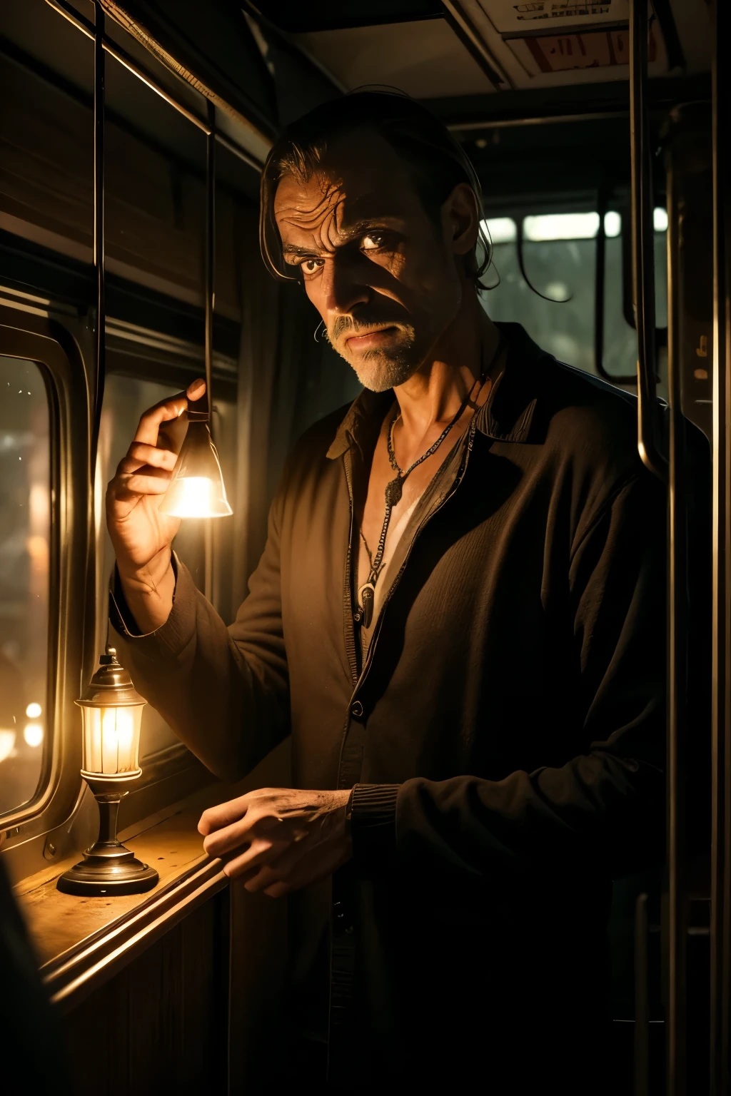 (Man: 1.0), (Scary bus: 1.2), (Inside: 1.0), (setealém: 1.0), (Terror: 1.1),

A man with a tense face and beaded sweat clinging to his forehead sat huddled inside the old, creaking bus as it rumbled along the dark and winding roads of setealém. The bus, ominously filled with the smell of decay, seemed to tremble with each jerky lurch, causing the man's heart to pound in his chest. The only light came from the dim, flickering bulbs overhead, casting long, grotesque shadows