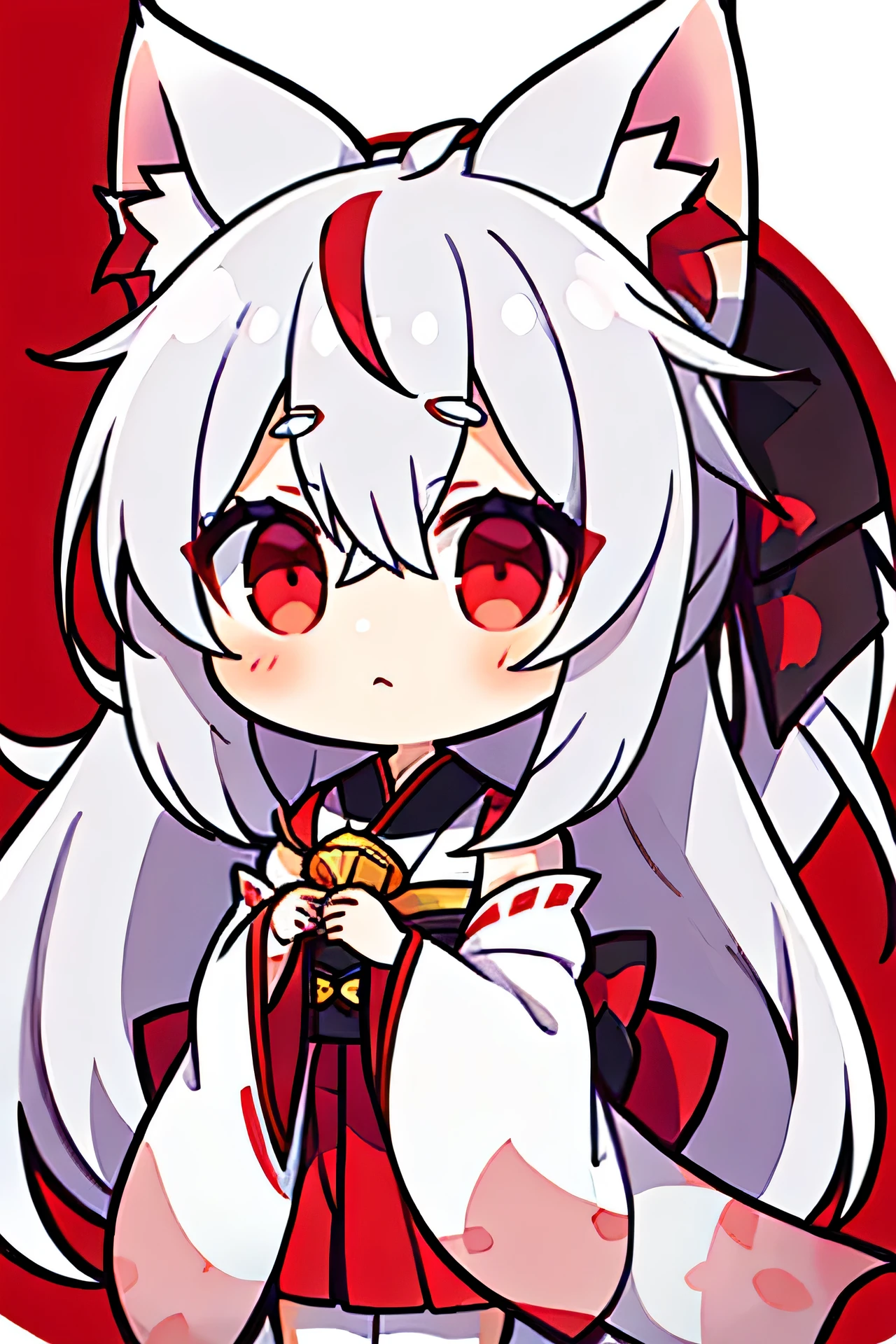 One girl,Gray Hair, Red Eyeid-chest, White fox ears，Round eyebrows，white and red kimono