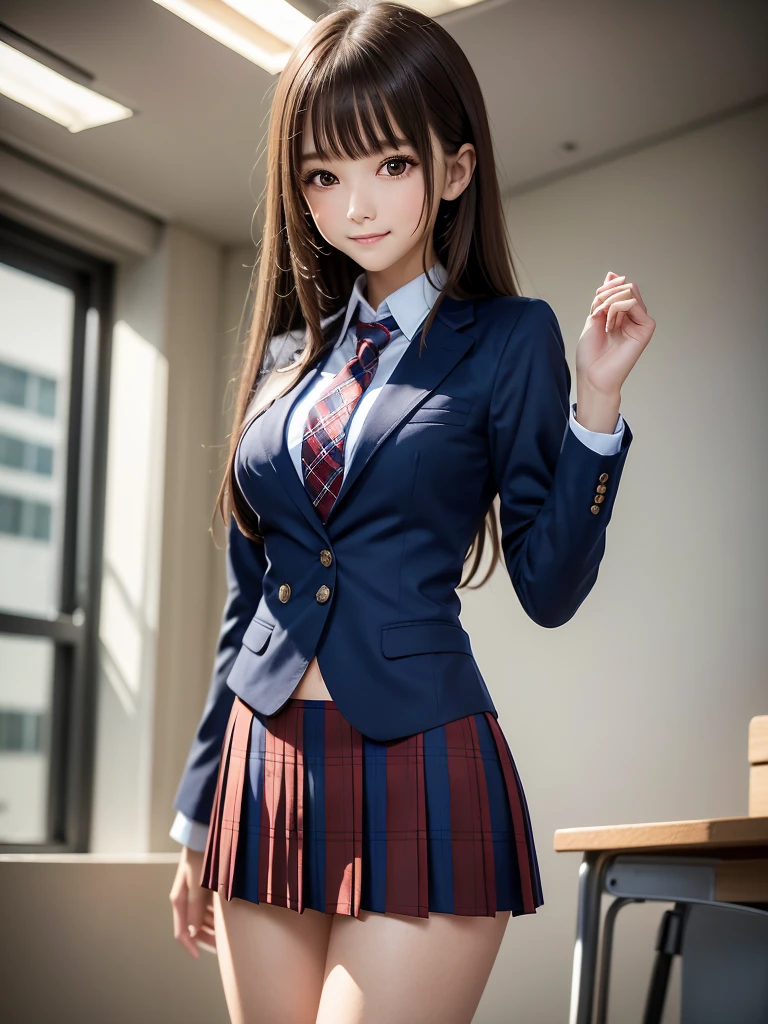 (8k, RAW Photos, highest quality), Stand in the classroom of school, (((((((One woman))))))), ((brown hair)), ((Semi-long hair)), ((Detailed eyes)), ((smile)), ((Red tie)), (((Dark blue closed blazer))), (((A blue plaid pleated miniskirt that wraps around the hips))), Asymmetrical bangs, 少しのsmile, Thighs, knees, Random pose，pretty girl，Slender girl