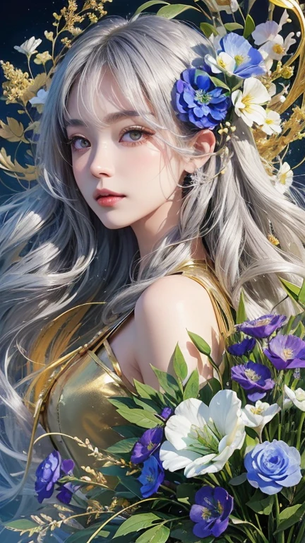 One girl, Long Hair, flower, Lisianthus, in the style of Golden and light azure, A dreamy, romantic piece, Golden, Mysterious Leaves, A playful arrangement, Fantasy, High Contrast, Ink strokes, explosion, Exposure, Golden and silver tone impression, Abstract, Attractive pose,