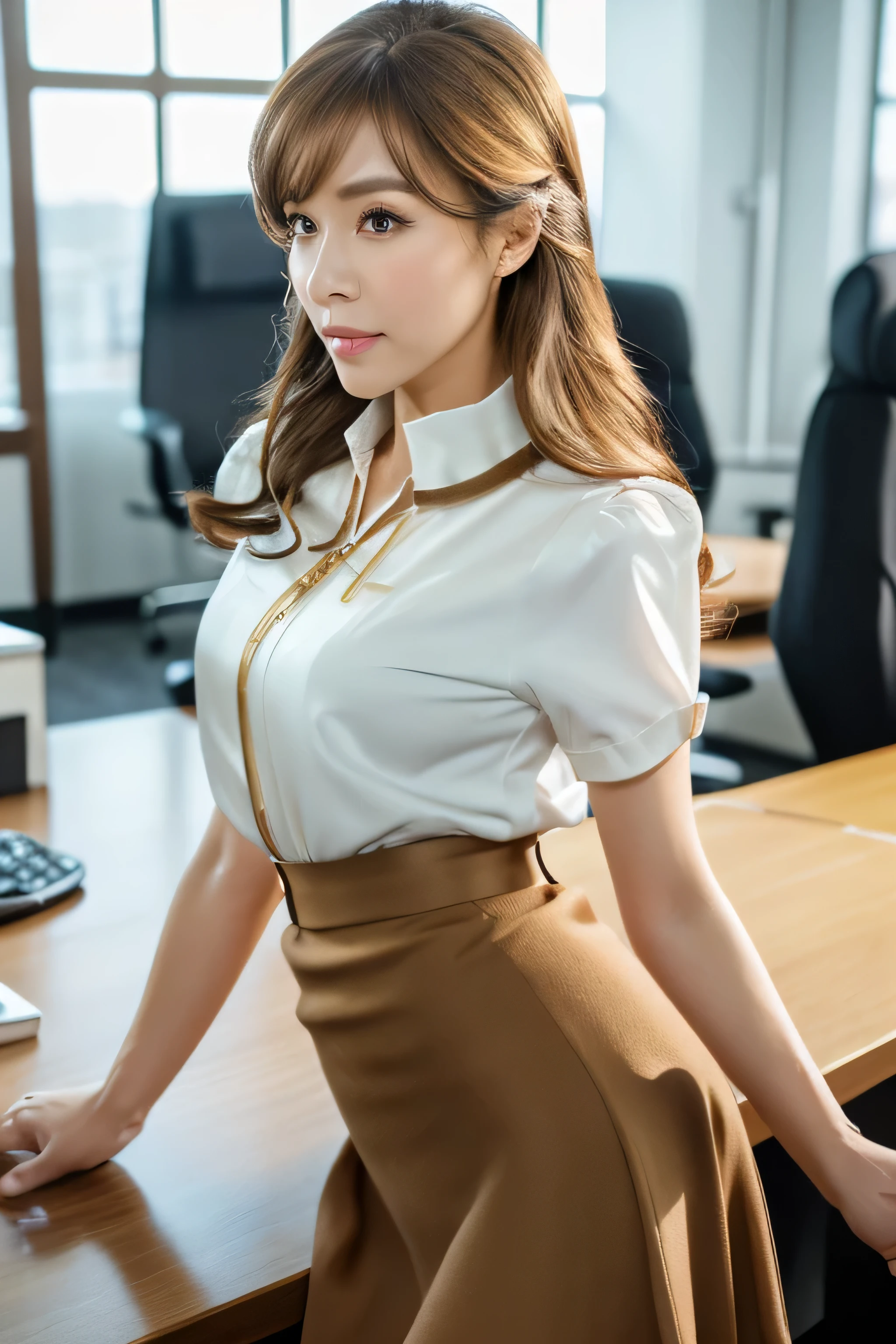 (RAW Photos:1.2), (Photorealistic), Beautiful details, (Genuine: 1.4), Very detailedな目と顔, Beautiful and fine details, Standing in the office、(Ultra-realistic pantyhose、High heels)、Large file size, High resolution, Very detailed, highest quality, [masterpiece:1.6], Awareness-raising, Very detailed, Hmph, In detail, highest quality, 8k wallpaper, One mature woman, 43 years old, Perfect figure, Cute droopy eyes,Beautiful big eyes、Pieck Finger, ((Tabletop)), highest quality, One mature woman, eye shadow, Portraiture,((brown super long hair:1.2))((Loosely wavy hair:1.3))((Gold Necklace＿Big earrings:1.3))((wearing Shirt with collar,puffy sleeves,Tight skirts:1.3))