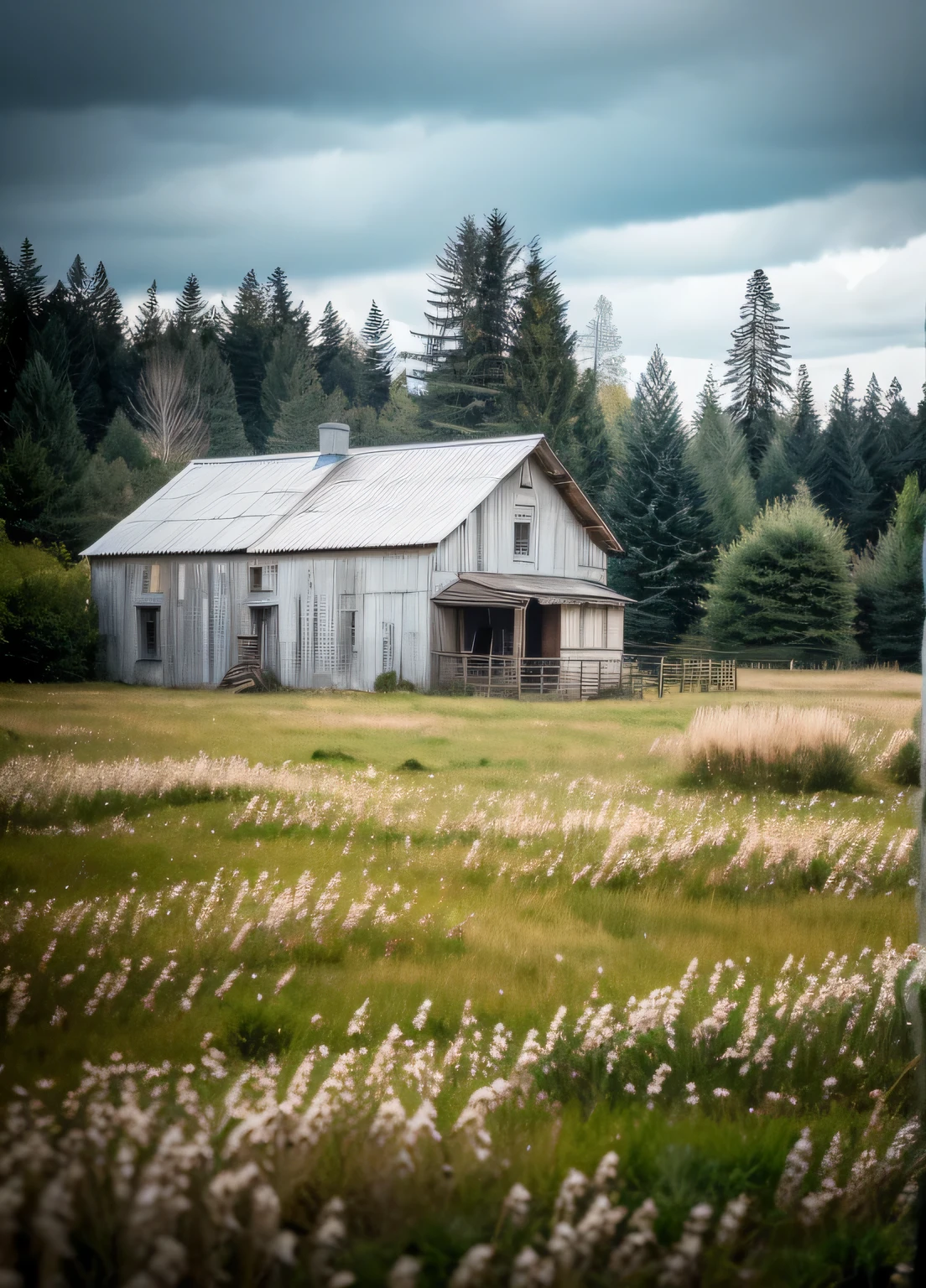 Photograph of an empty old and deteriorated metalic stable isolated in the center of a field filled with short wild grass, the view is from outside the stable but close to the stable, the background is clear and contains a few pine trees, there is a lot of greenery, the lighting is a bit dim, daytime, hyperrealism, 8K quality, realist photography, photorealistic, detailed, complex, canon EOS 5D Mark IV, intricate detail, realistic