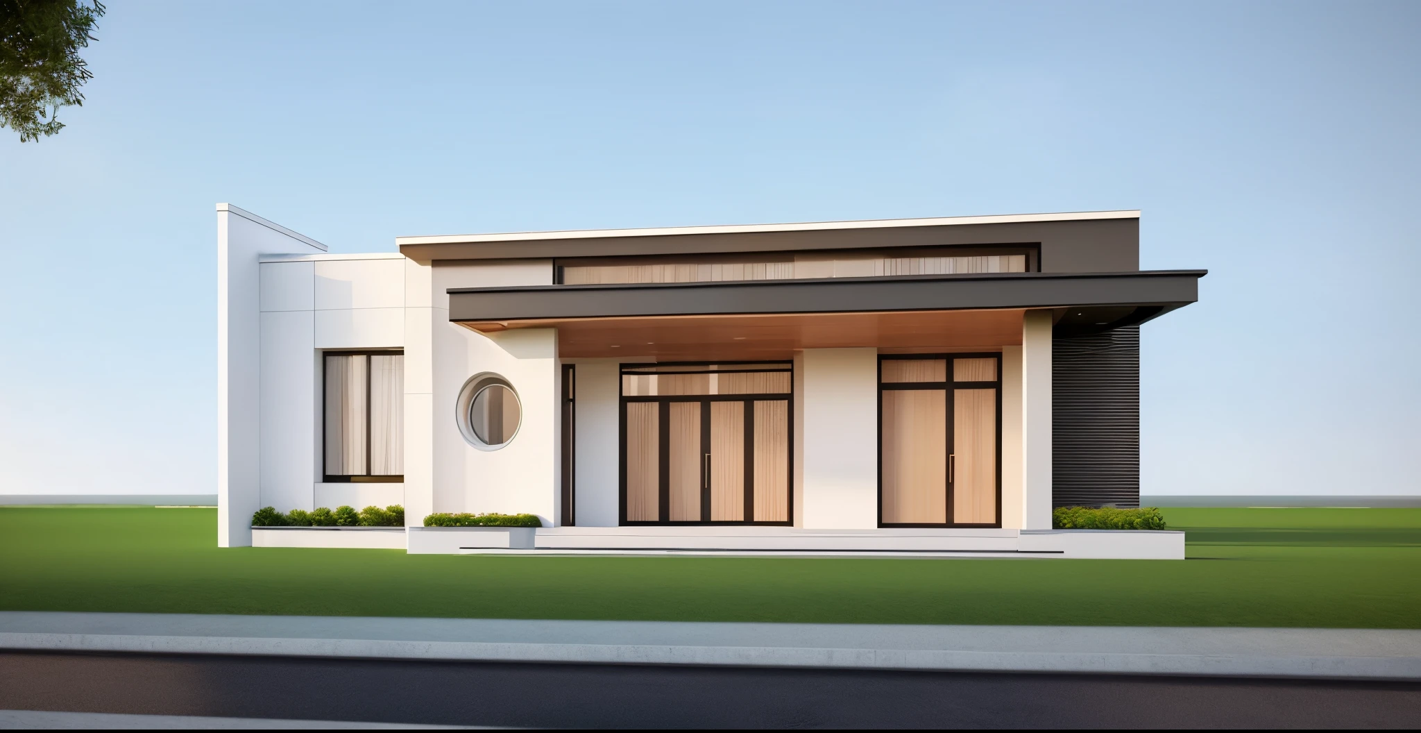 (masterpiece, best quality:1.2), small house, a rendering of a modern house with a lot of windows, a rendering of a small building with a green roof and a white door, frontview, front-view, rendered image, rendered, front facing, artists impression, pre-rendered, digital rendering, a digital rendering, front perspective, d render, rendered illustration, wide establishing shot, building facing, facing front, (a circle on the wall)