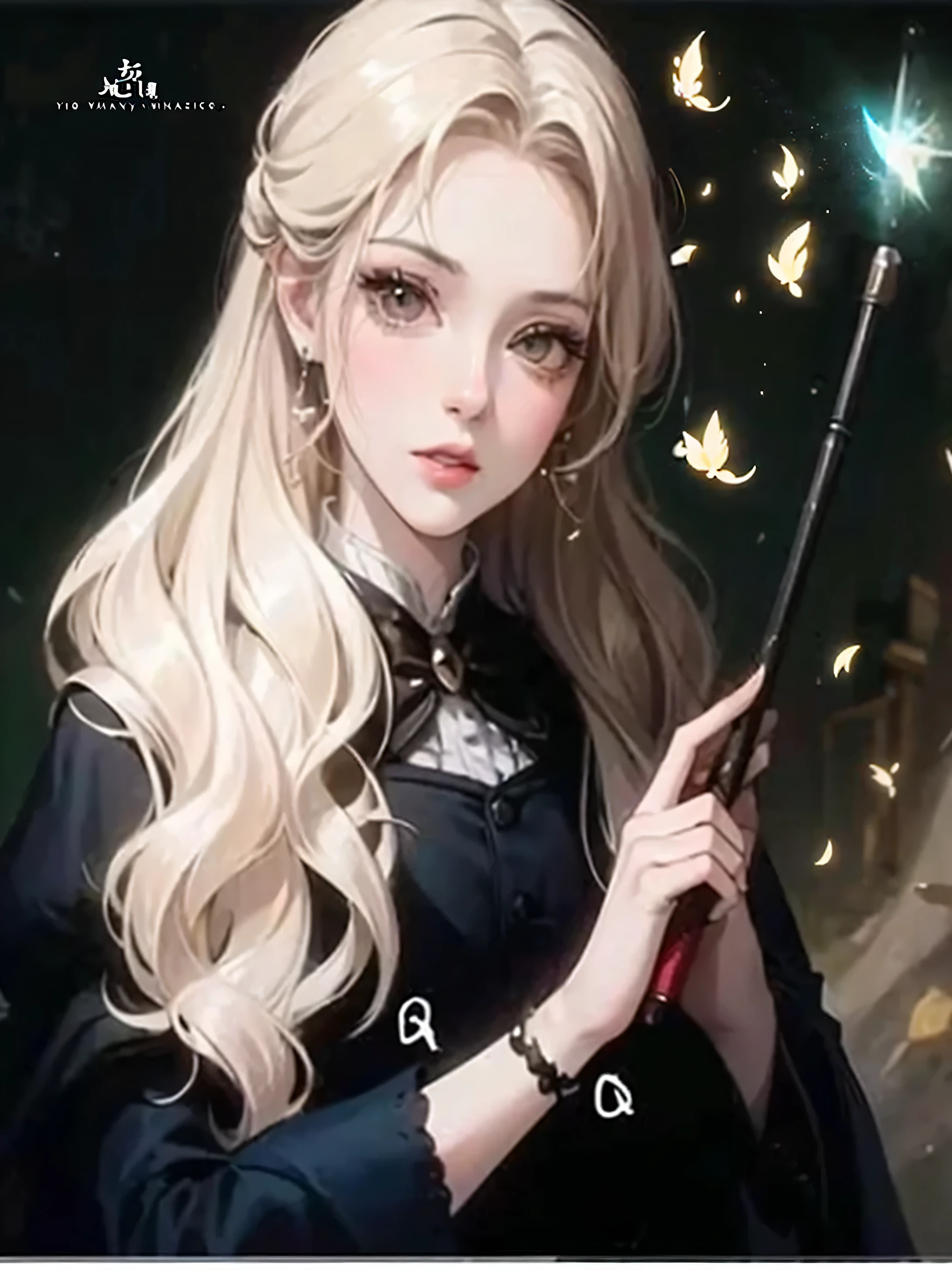 Long blonde hair、Anime girl holding a magic wand and a magic wand, Beautiful wizard, Classical witch, author：Yang Jie, Beautiful character painting, guweiz, by Qu Leilei, a young witch, Beautiful witch, Artwork in the style of Guweiz, ☁🌪🌙👩🏾, Beauvot Art Style, long hair anime girl