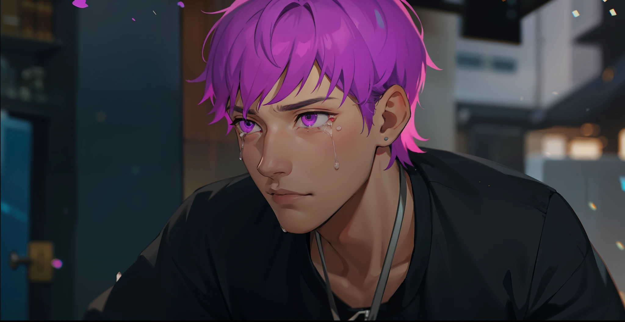 cute  boy is sad, thoughtful, remembering something bad that happened to him, he has purple eyes, purple hair, he has some tears in his eyes