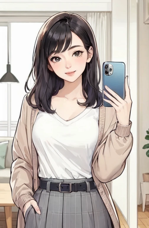 1 lady standing, ((holding smartphone) before:1.2), (Selfie), (Stylish and chic clothing), Mature female, /(Black Hair/) Bangs, Blushing smile, (Masterpiece Best Quality:1.2) Exquisite illustrations with rich details, Big BreastsBREAK (Back of smartphone), Camera lens damaged (Modern house living room) indoors
