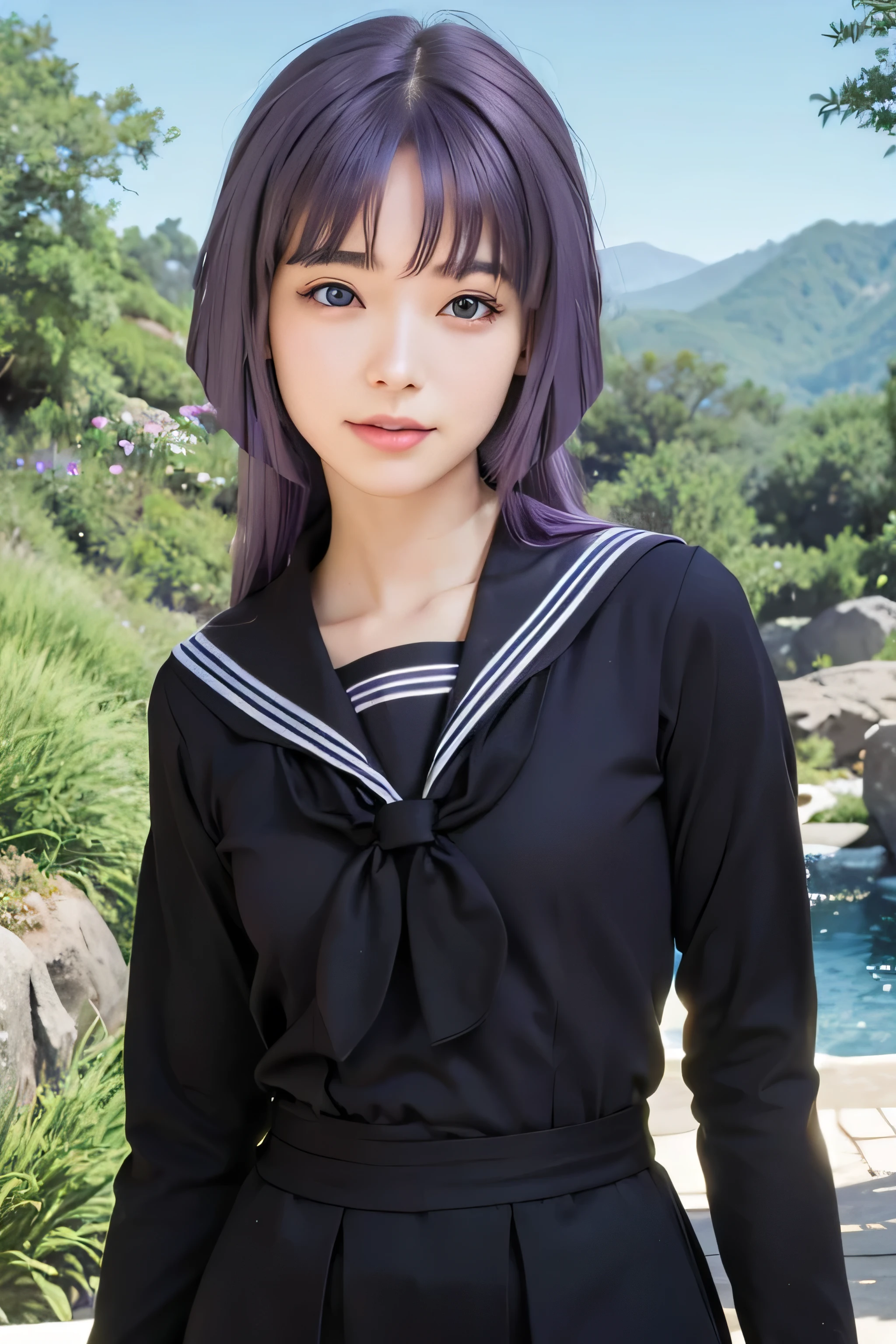 masterpiece, best quality, (realistic,photo-realistic:1.4), (RAW photo:1.2), extremely detailed CG unity 8k wallpaper, delicate and beautiful, amazing,finely detail, official art, absurdres, incredibly absurdres, huge filesize, ultra-detailed,extremely detailed eyes and face,light on face,sumire kakei,(little smile),(purple hair:1.4),(long hair:1.6),(wearing black sailor uniform :1.4),garden background