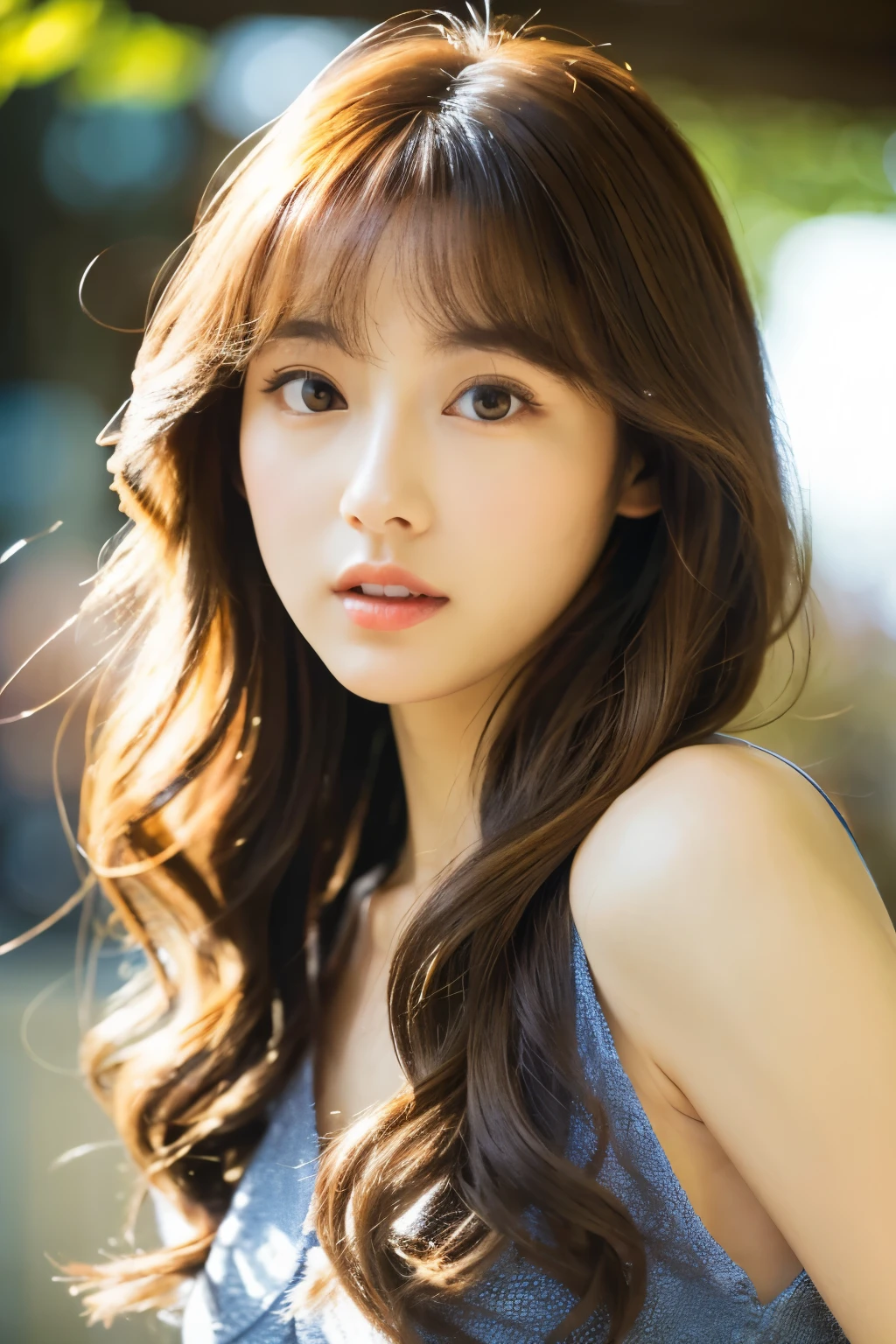 The location is Omotesando、Korean、elegant、elegant、Girl with long curly hair、turn、Off-shoulder、This face is Arimura Kasumi、big round eyes、Sunlight、Round Face、Wide Double Width、Double crispy、With bangs、Brown eyes、short nose、